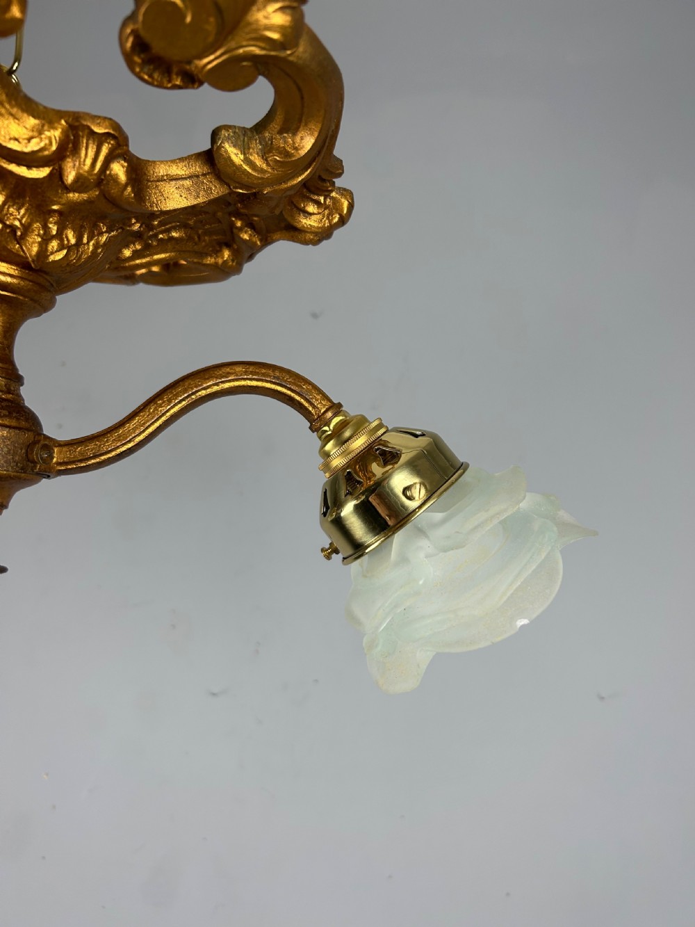 French Gilt Bronze 3 Light Antique Chandelier, Ceiling Light, Original Shades View XII