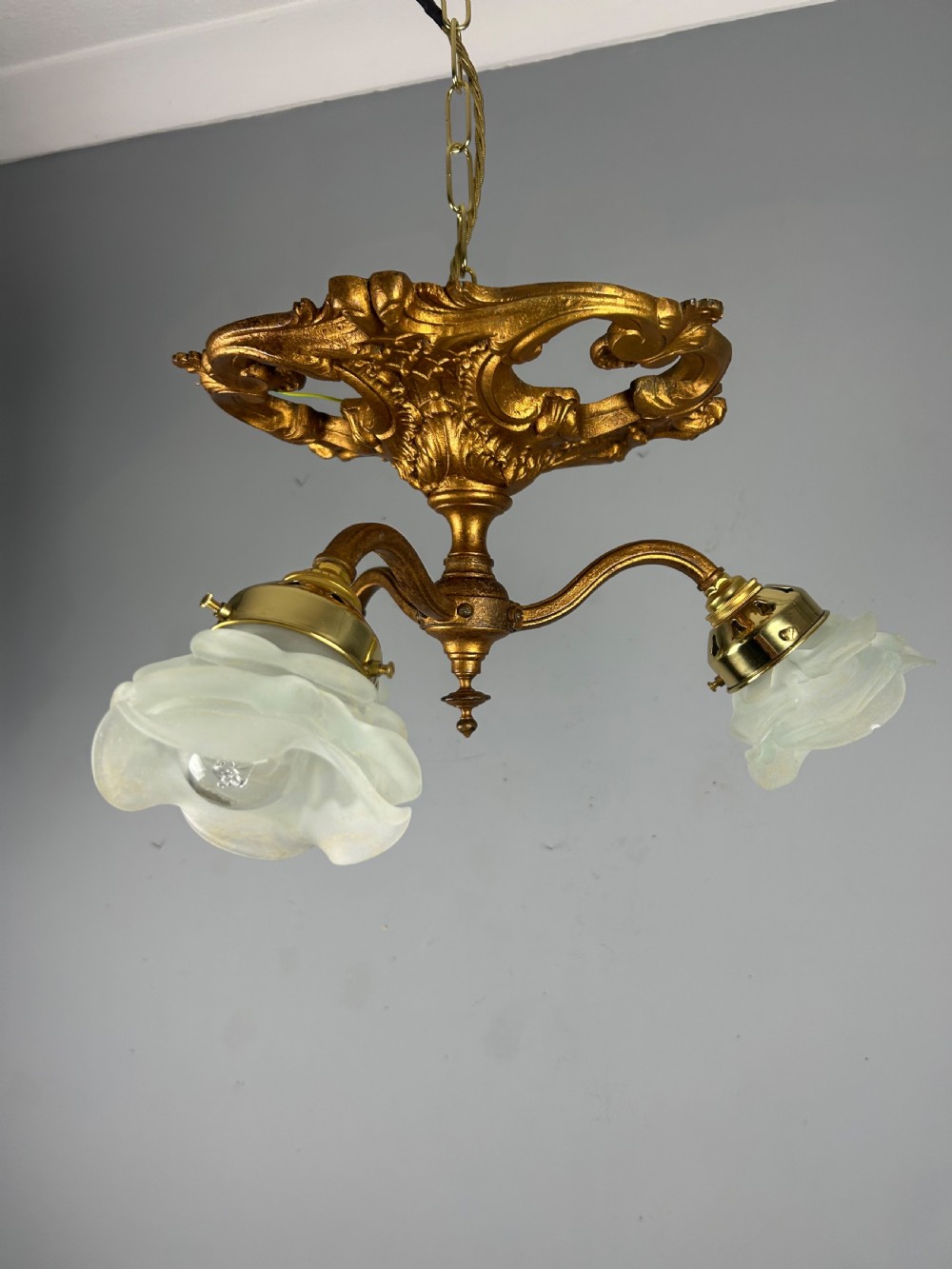 French Gilt Bronze 3 Light Antique Chandelier, Ceiling Light, Original Shades View XIII