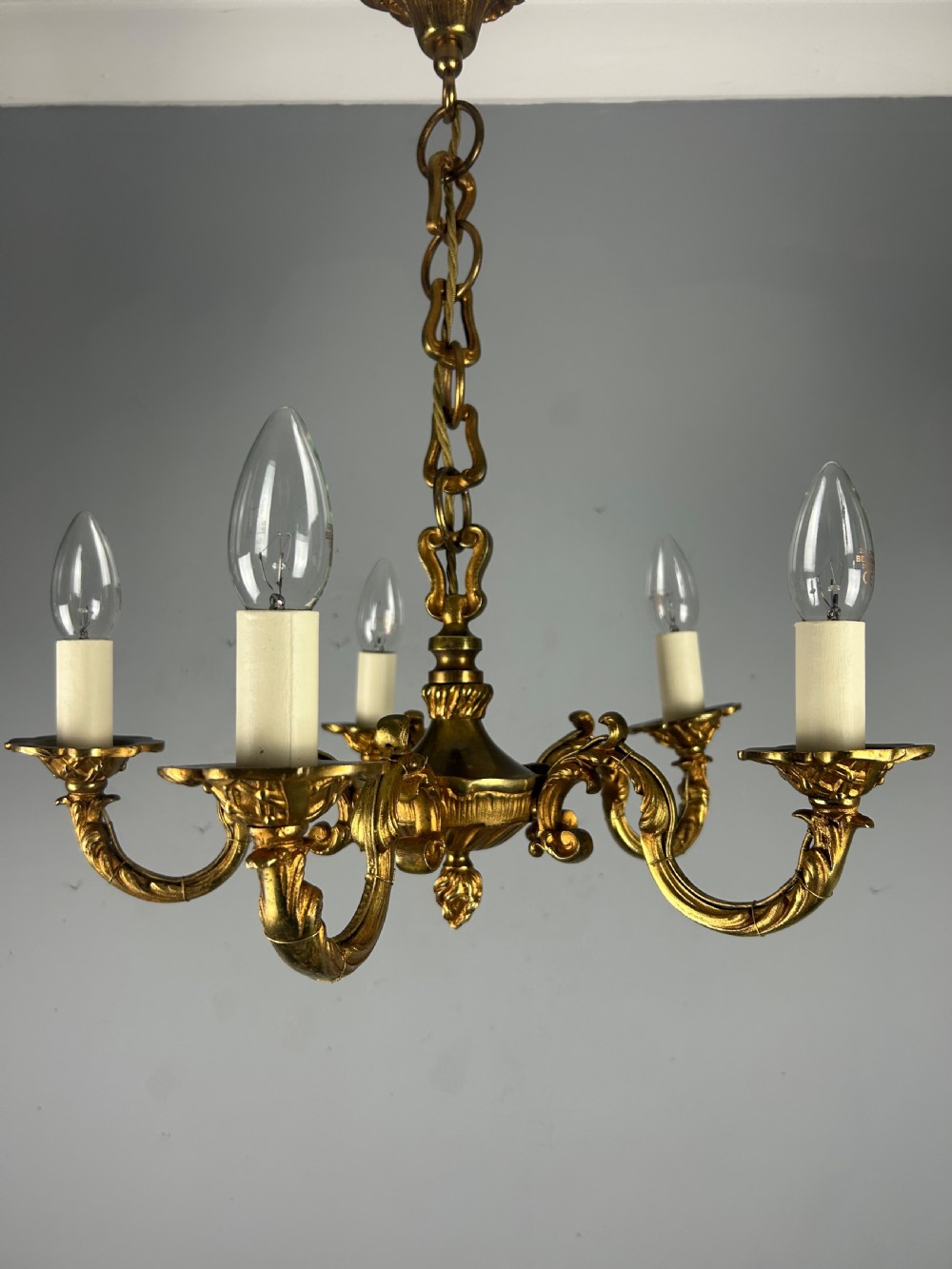 French Gilded Brass 5 Light Antique Chandelier