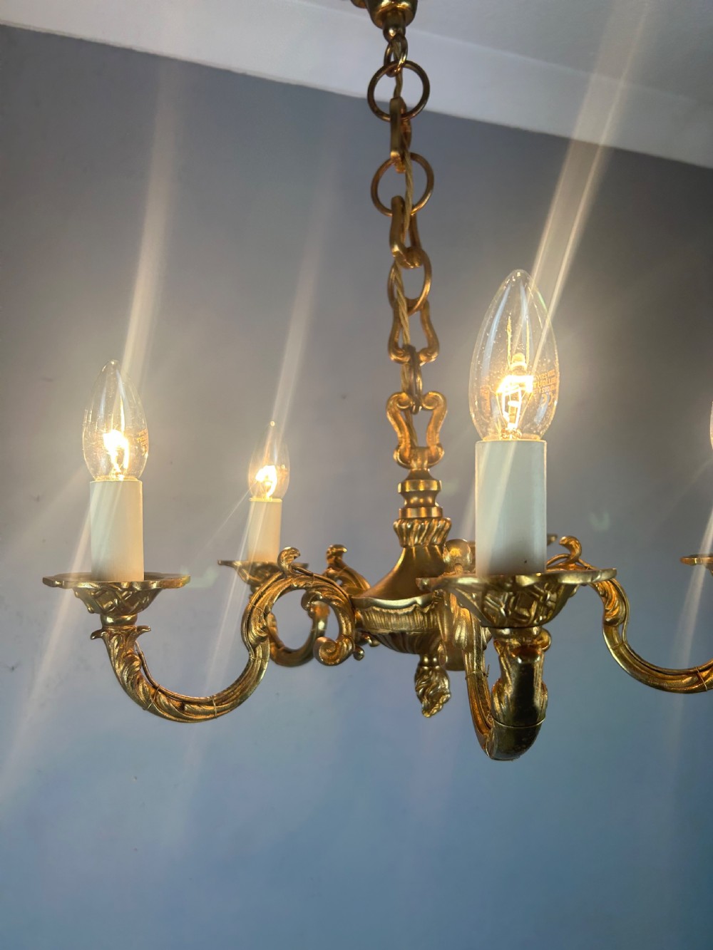 French Gilded Brass 5 Light Antique Chandelier View II