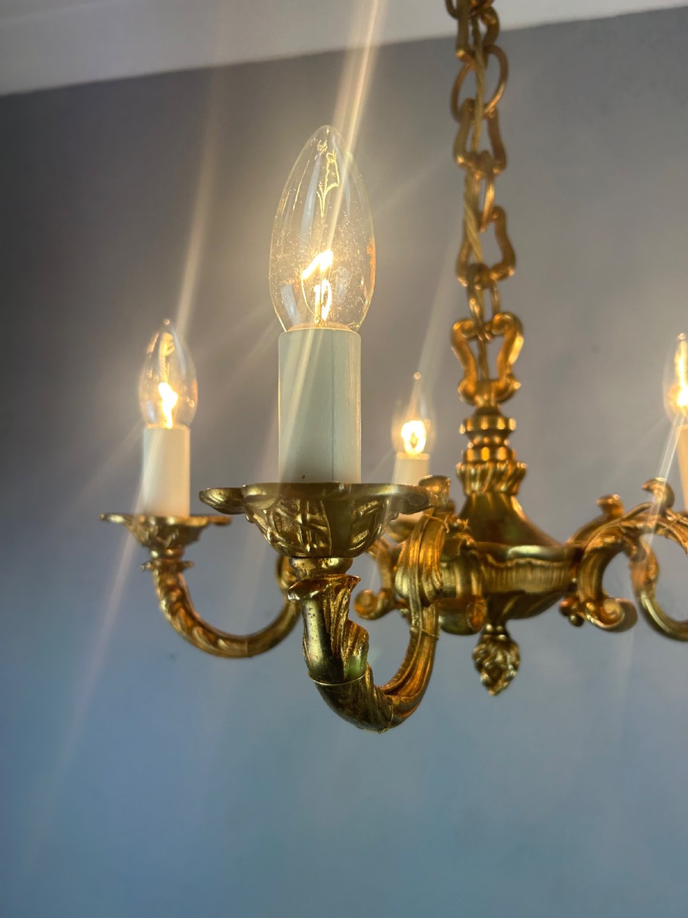 French Gilded Brass 5 Light Antique Chandelier View IV