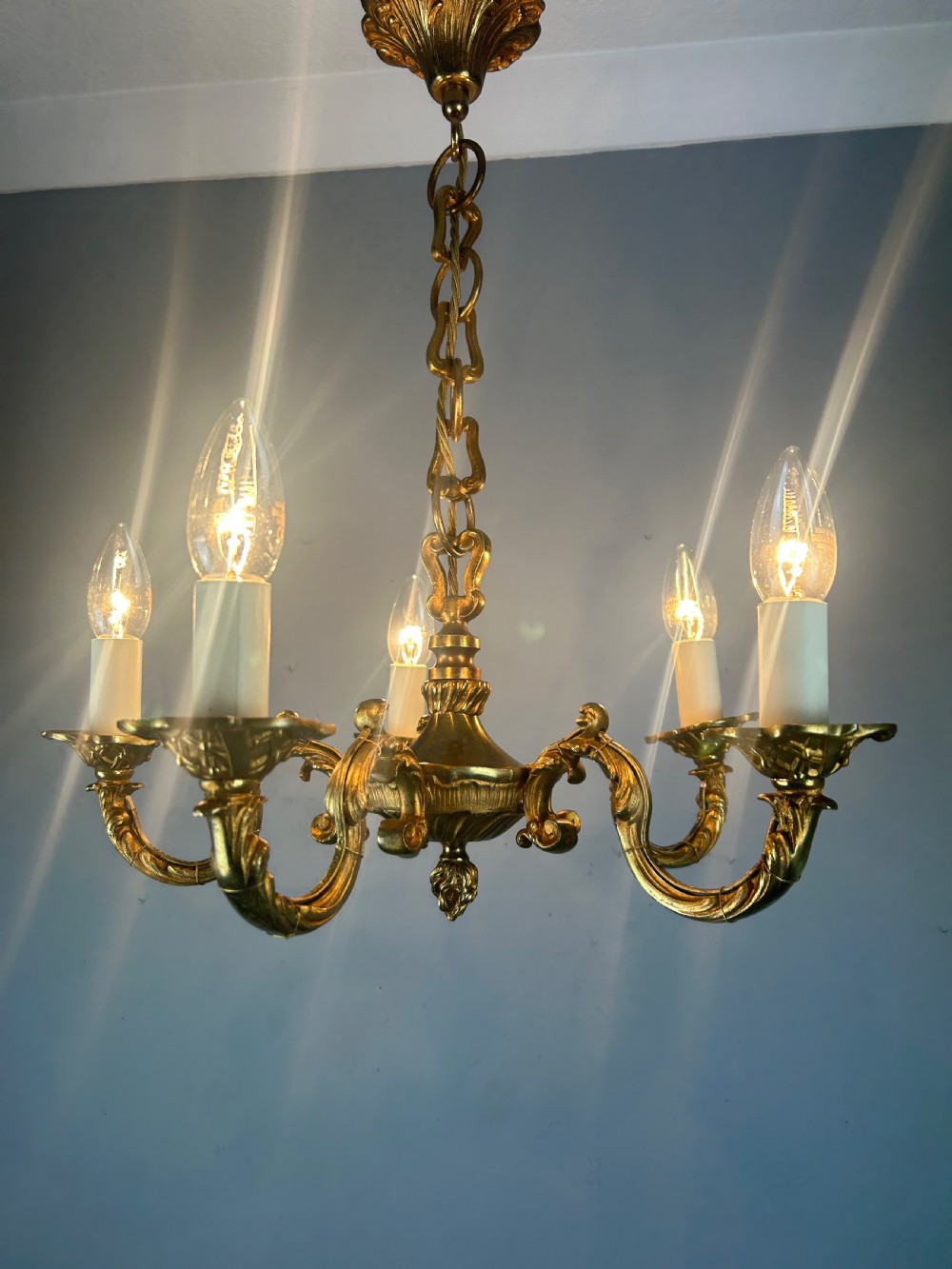 French Gilded Brass 5 Light Antique Chandelier View V