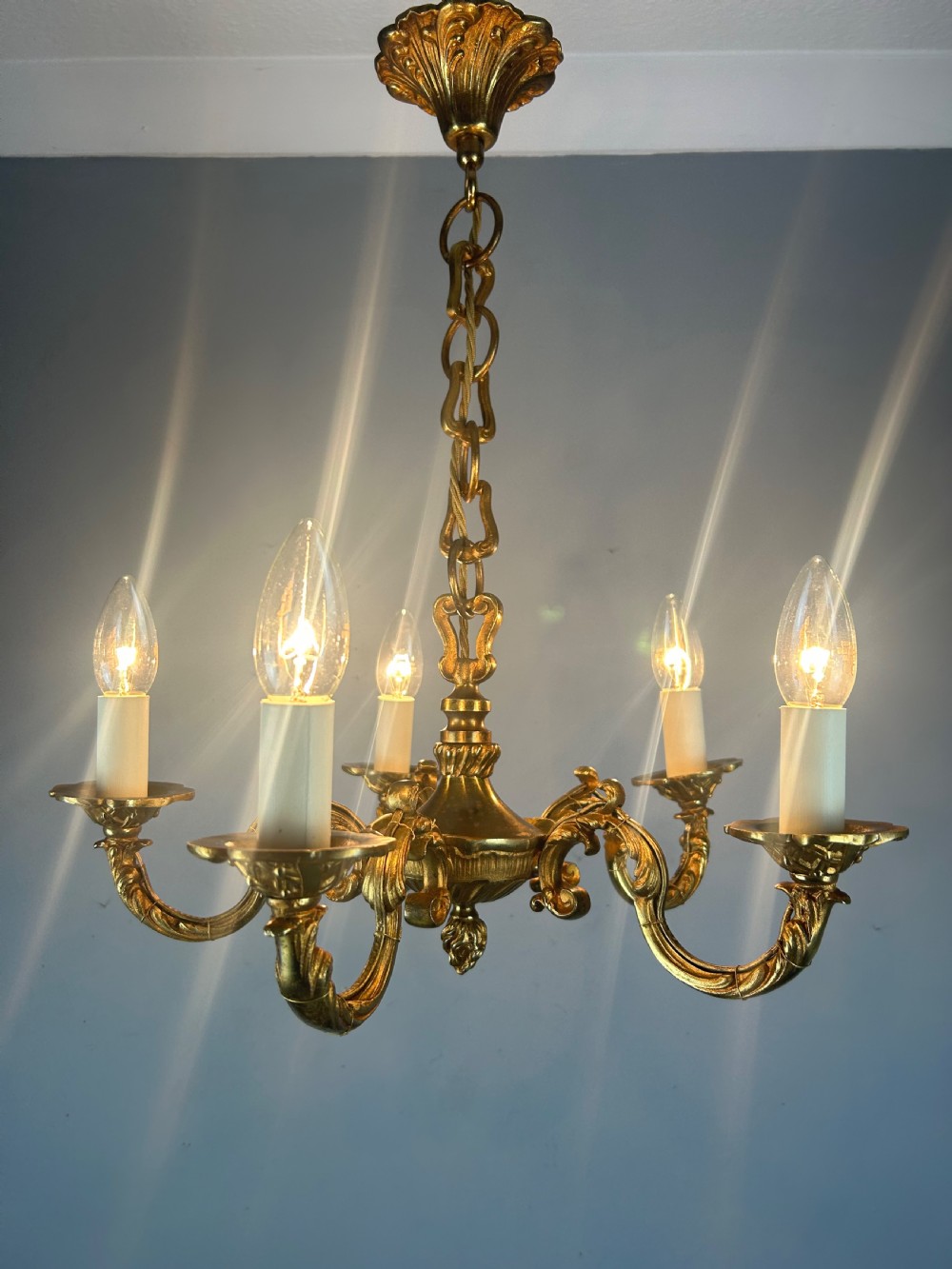 French Gilded Brass 5 Light Antique Chandelier View VI