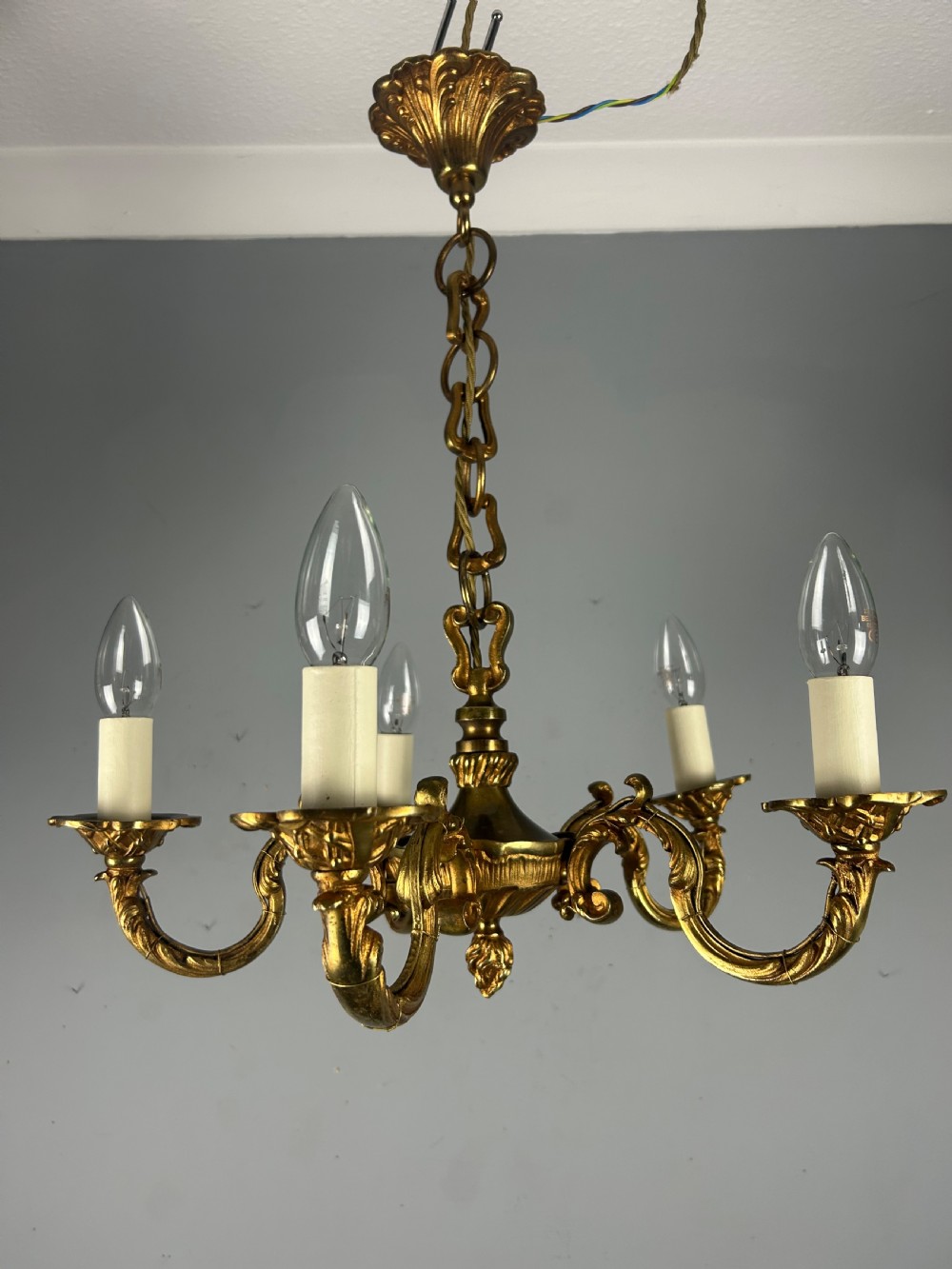 French Gilded Brass 5 Light Antique Chandelier View VIII