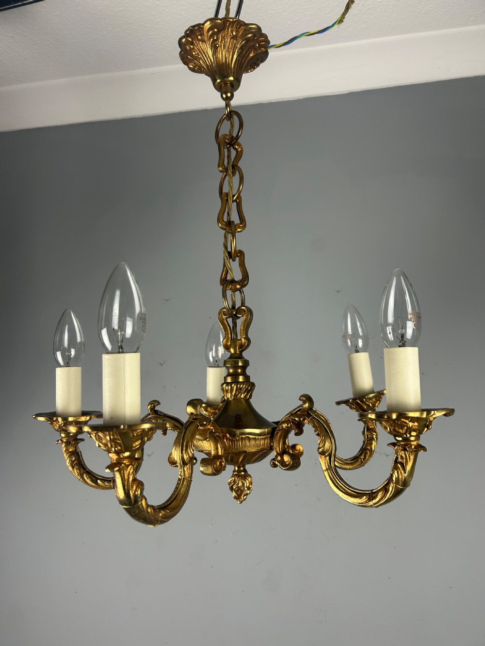 French Gilded Brass 5 Light Antique Chandelier View IX