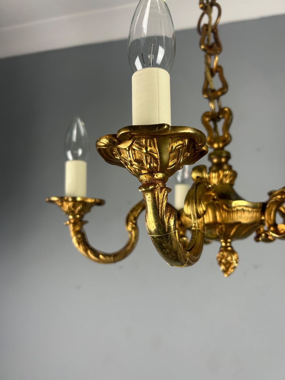 French Gilded Brass 5 Light Antique Chandelier View XI