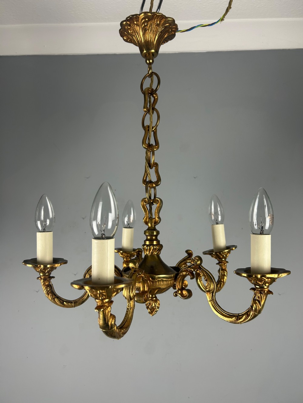 French Gilded Brass 5 Light Antique Chandelier View XIV