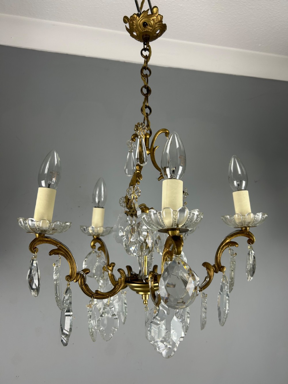 French Gilded Brass 5 Light Antique Crystal Chandelier