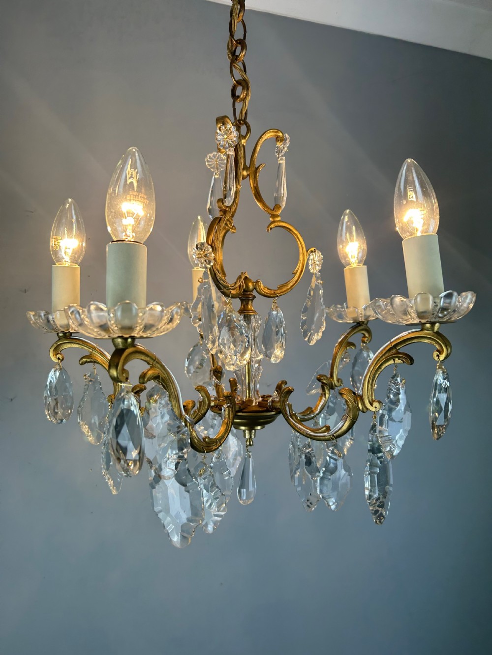 French Gilded Brass 5 Light Antique Crystal Chandelier View II