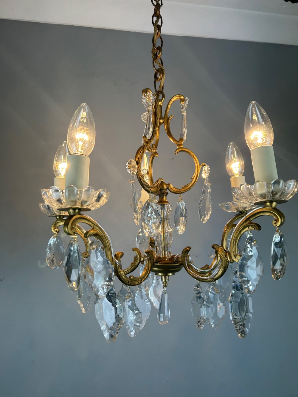French Gilded Brass 5 Light Antique Crystal Chandelier View III