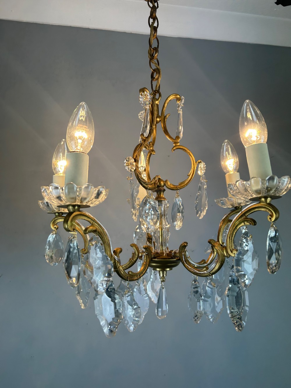 French Gilded Brass 5 Light Antique Crystal Chandelier View IV