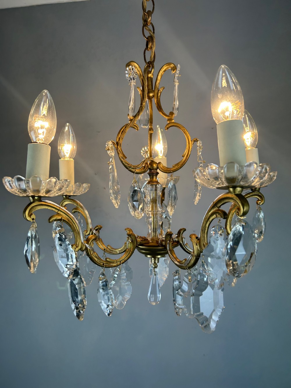 French Gilded Brass 5 Light Antique Crystal Chandelier View V