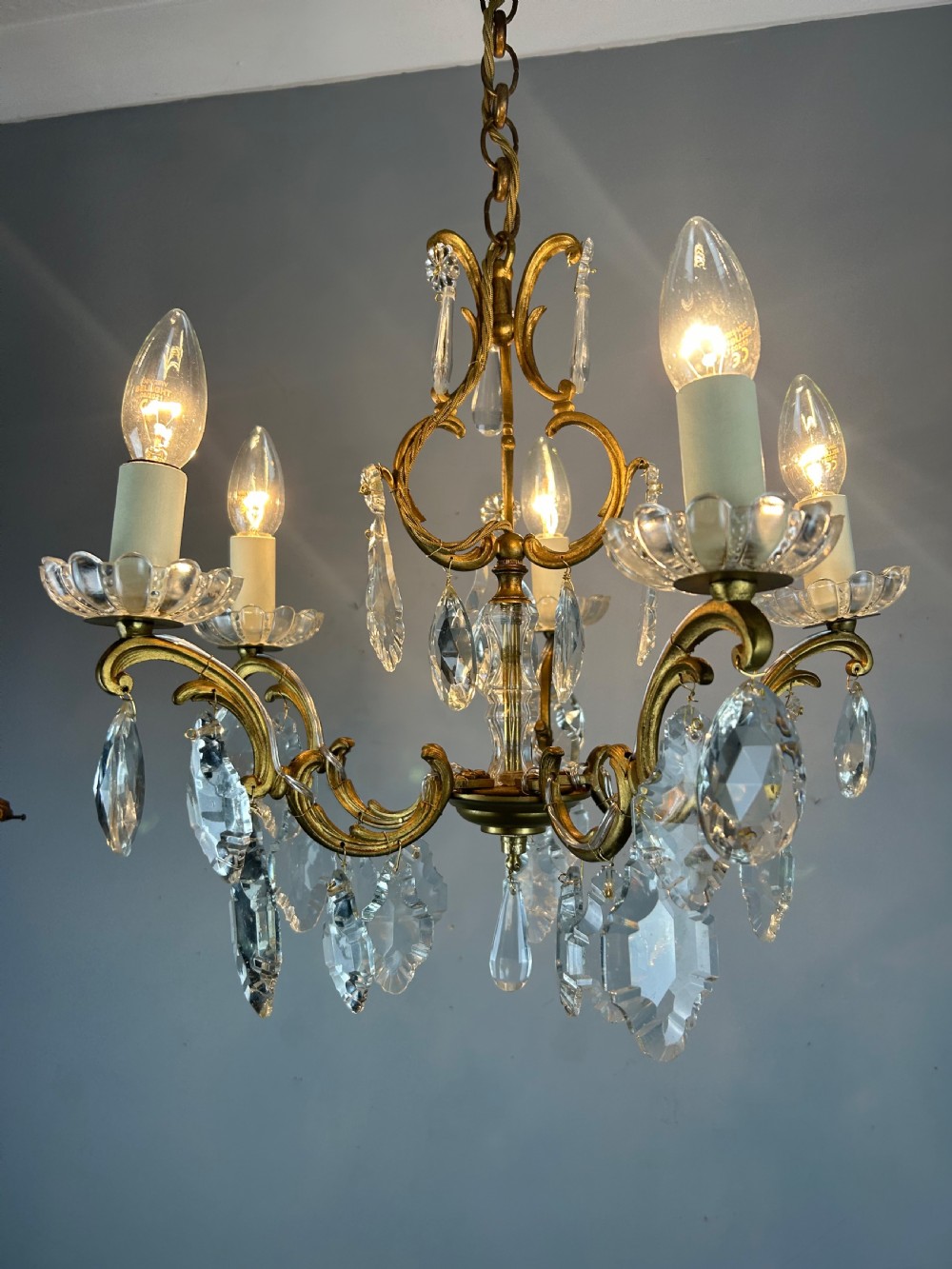 French Gilded Brass 5 Light Antique Crystal Chandelier View VI