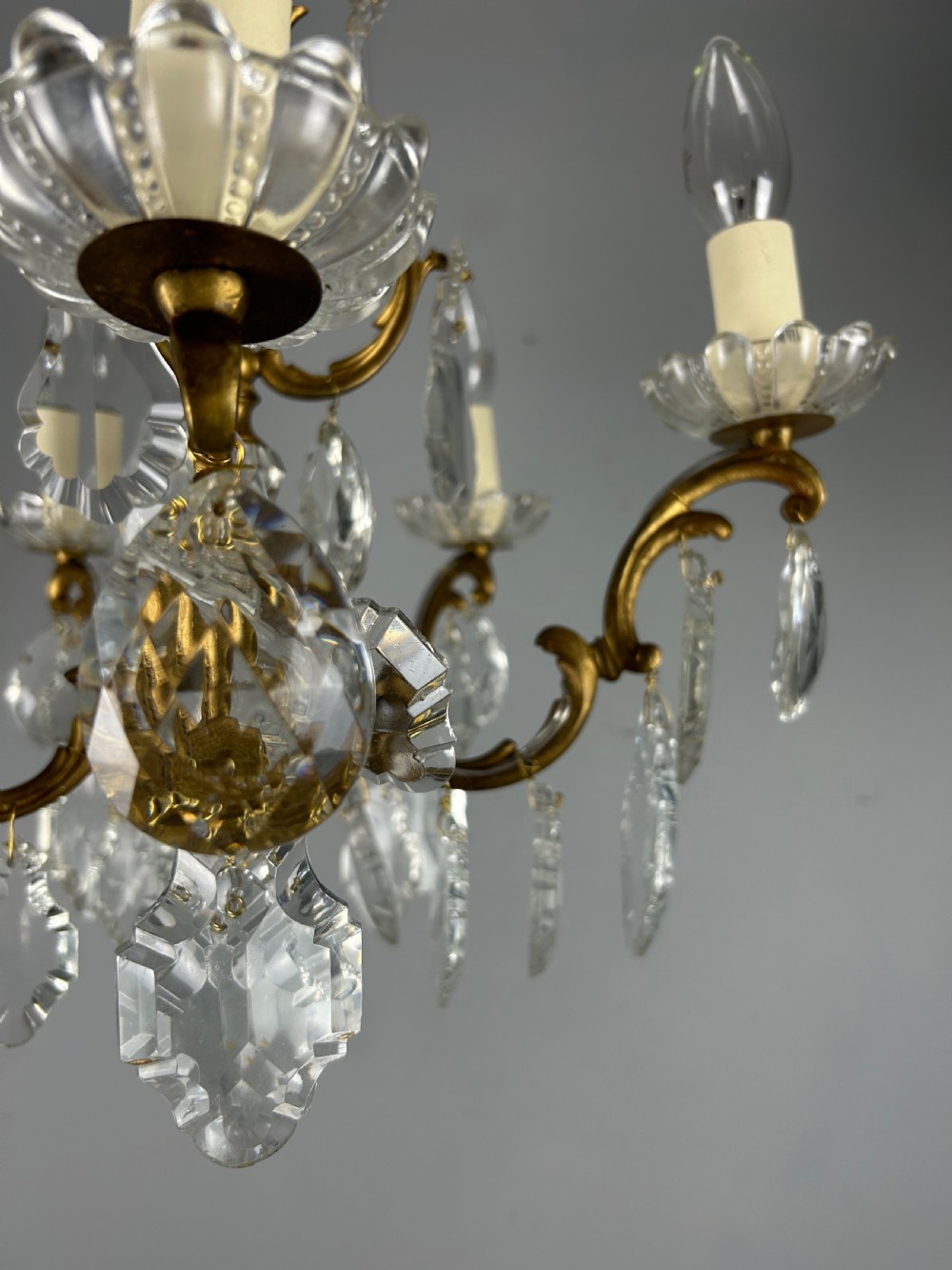 French Gilded Brass 5 Light Antique Crystal Chandelier View VII