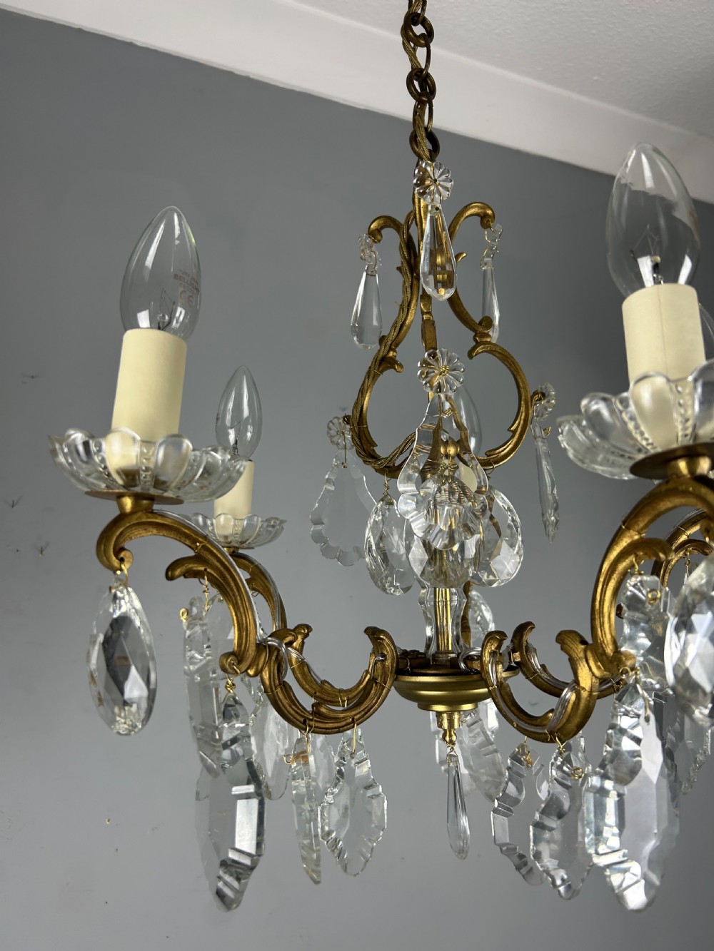French Gilded Brass 5 Light Antique Crystal Chandelier View VIII