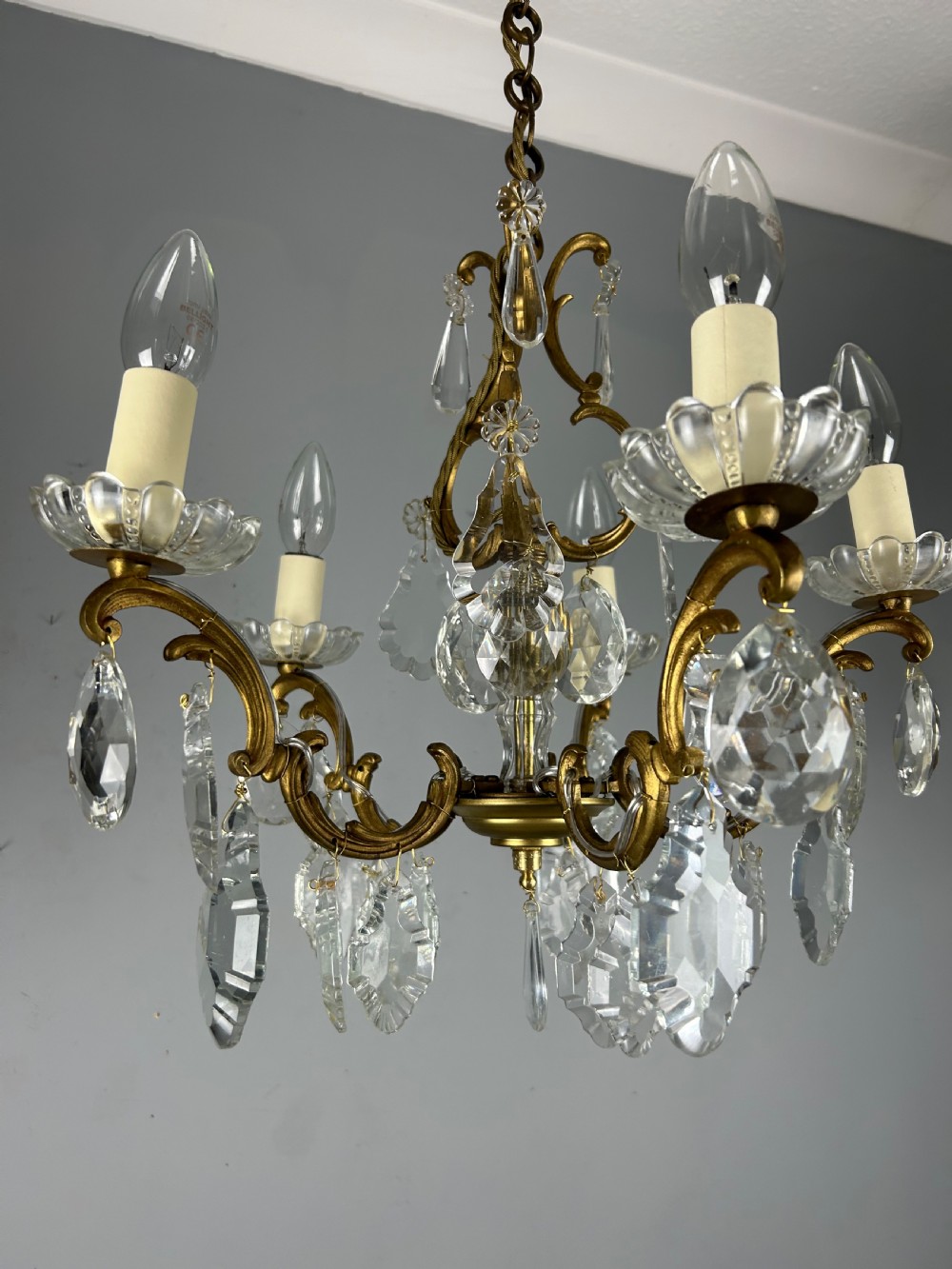 French Gilded Brass 5 Light Antique Crystal Chandelier View IX