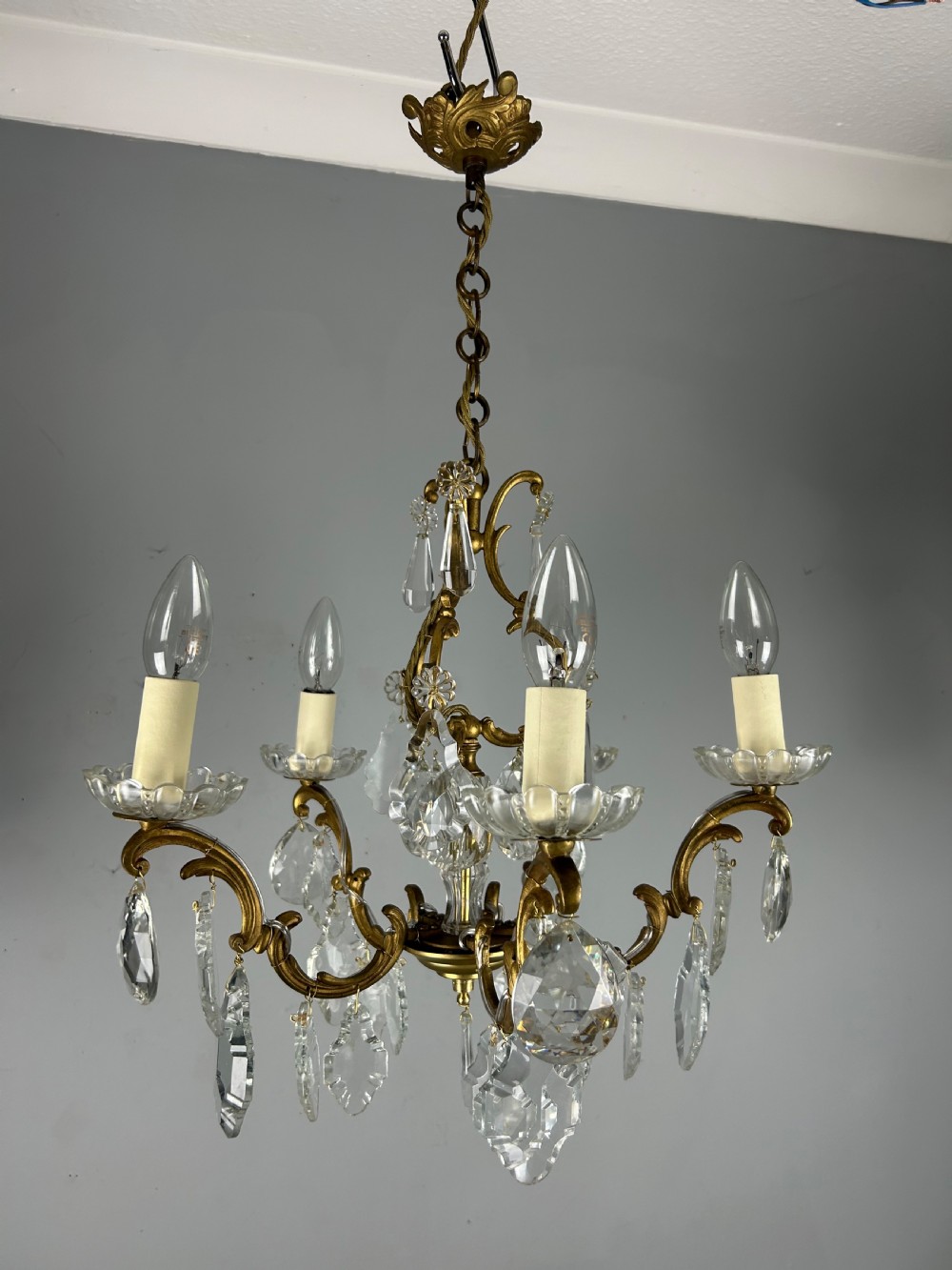 French Gilded Brass 5 Light Antique Crystal Chandelier View X
