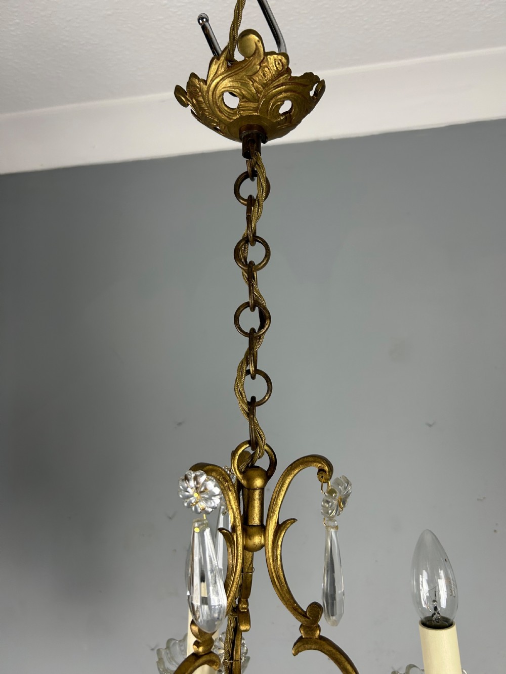 French Gilded Brass 5 Light Antique Crystal Chandelier View XI