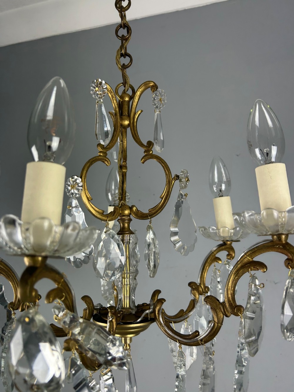French Gilded Brass 5 Light Antique Crystal Chandelier View XII