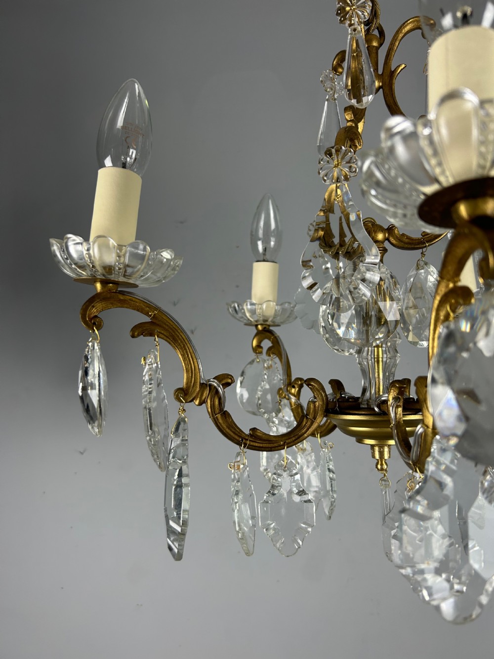 French Gilded Brass 5 Light Antique Crystal Chandelier View XIII