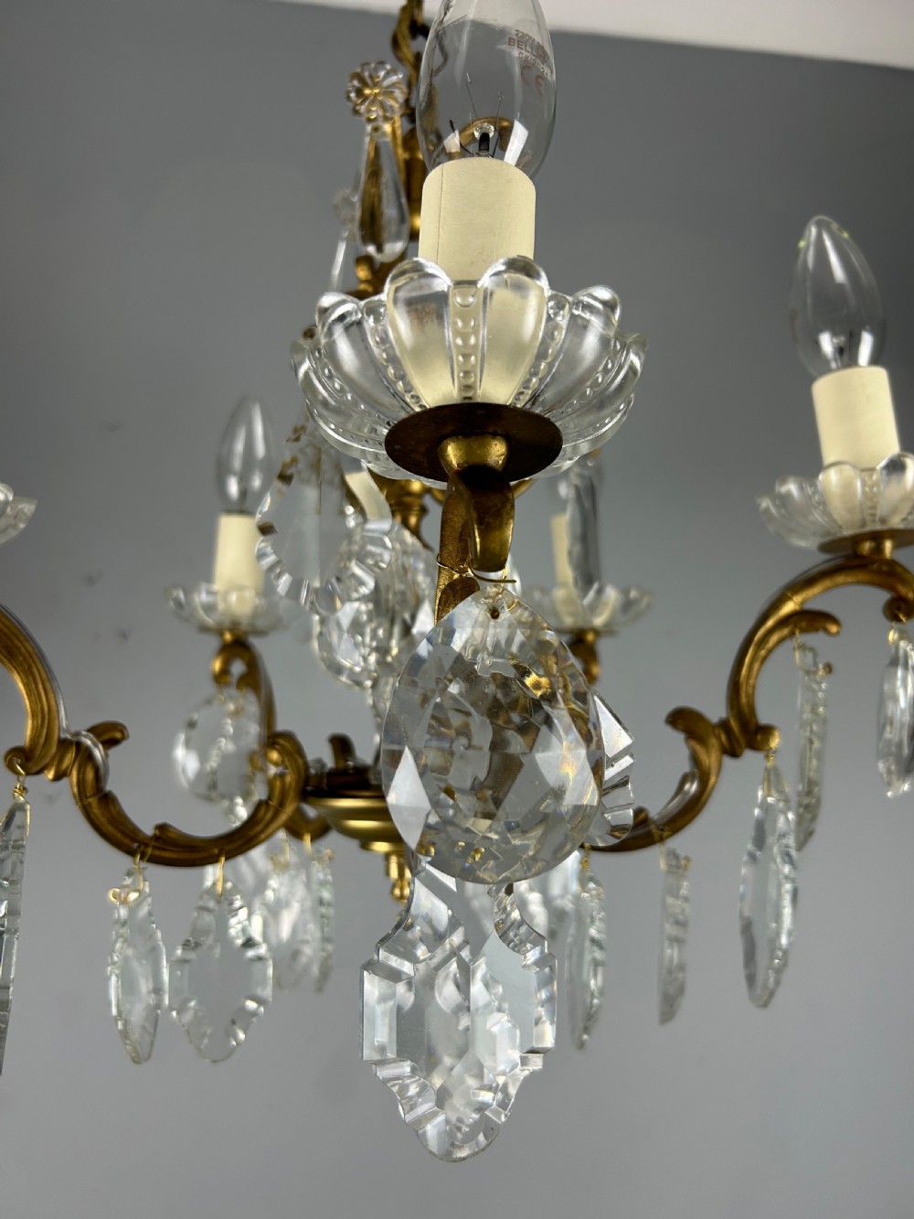 French Gilded Brass 5 Light Antique Crystal Chandelier View XIV