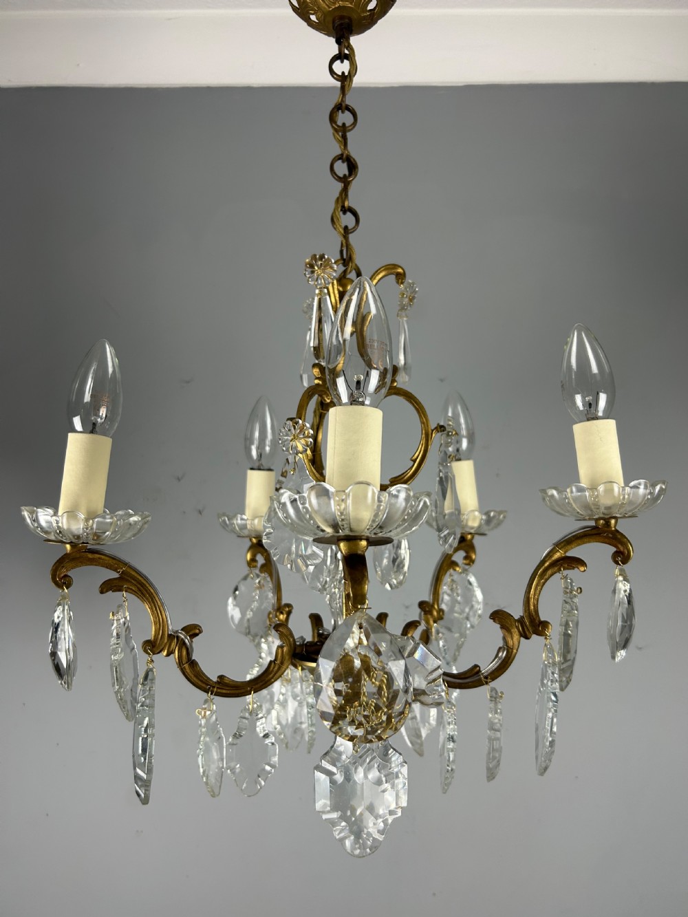 French Gilded Brass 5 Light Antique Crystal Chandelier View XVI