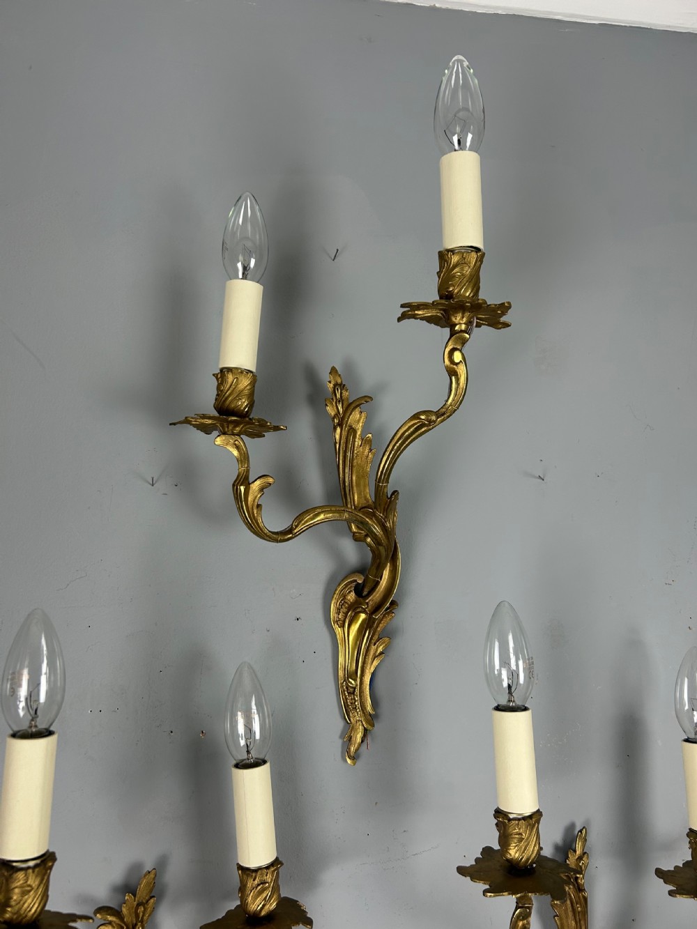 Set Of 4 French Gilded Twin Arm Antique Wall Lights View XI