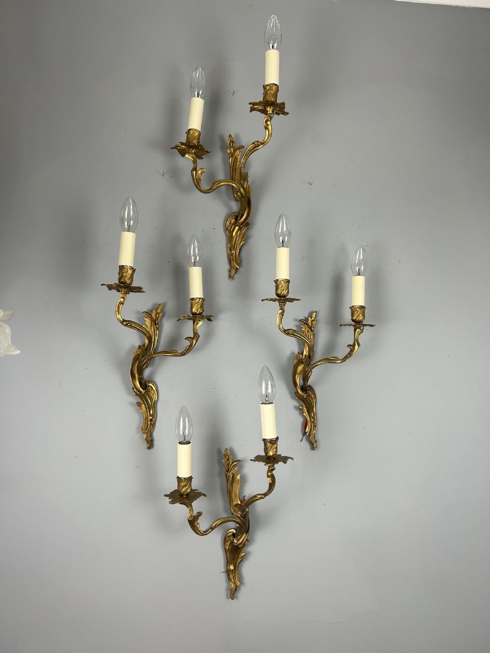Set Of 4 French Gilded Twin Arm Antique Wall Lights View XII