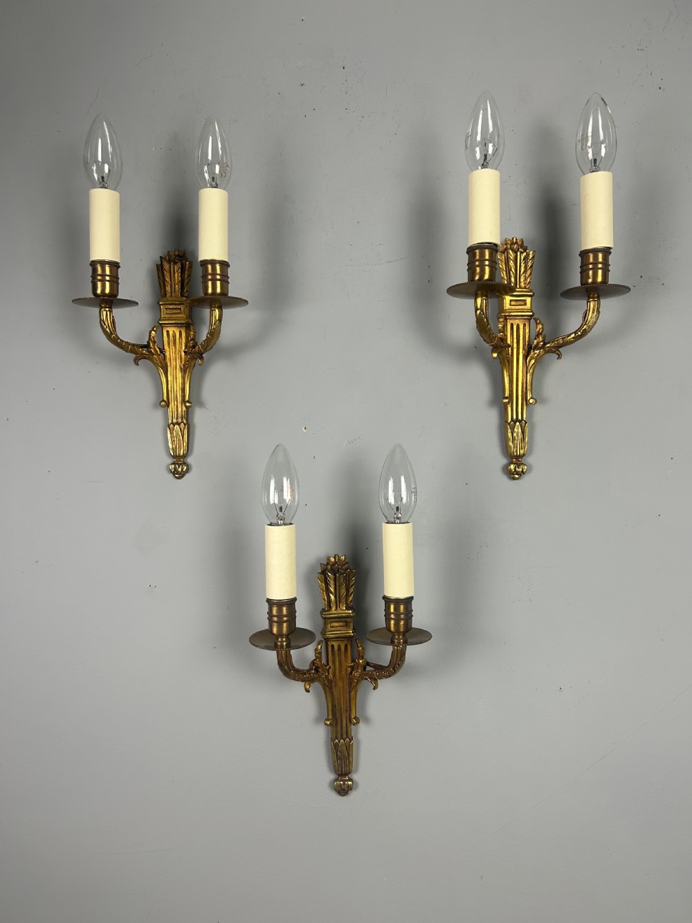 Set Of 3 French Empire Gilded Twin Arm Antique Wall Lights View V