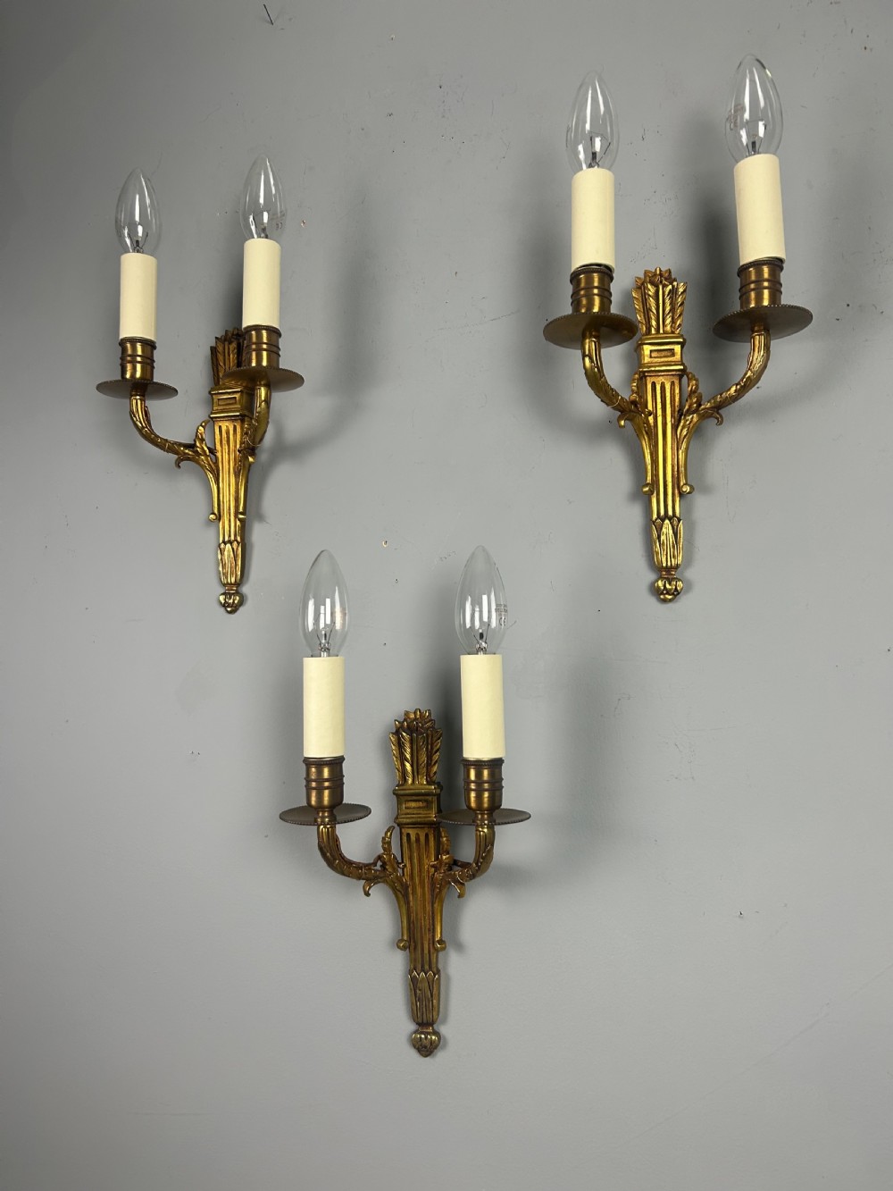 Set Of 3 French Empire Gilded Twin Arm Antique Wall Lights View VI