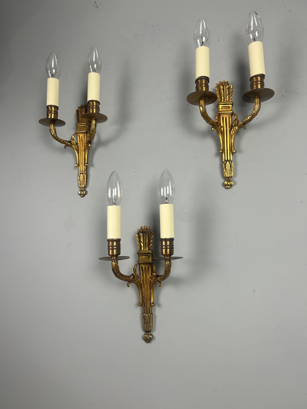 Set Of 3 French Empire Gilded Twin Arm Antique Wall Lights View VII