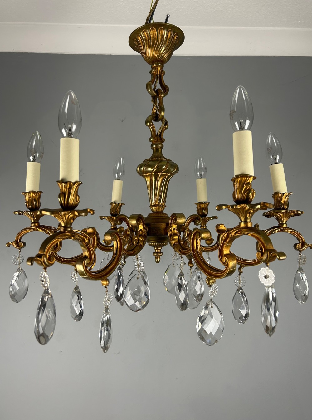 French Gilded Bronze 6 Light Antique Chandelier