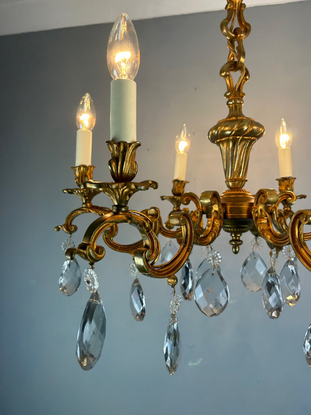 French Gilded Bronze 6 Light Antique Chandelier View V