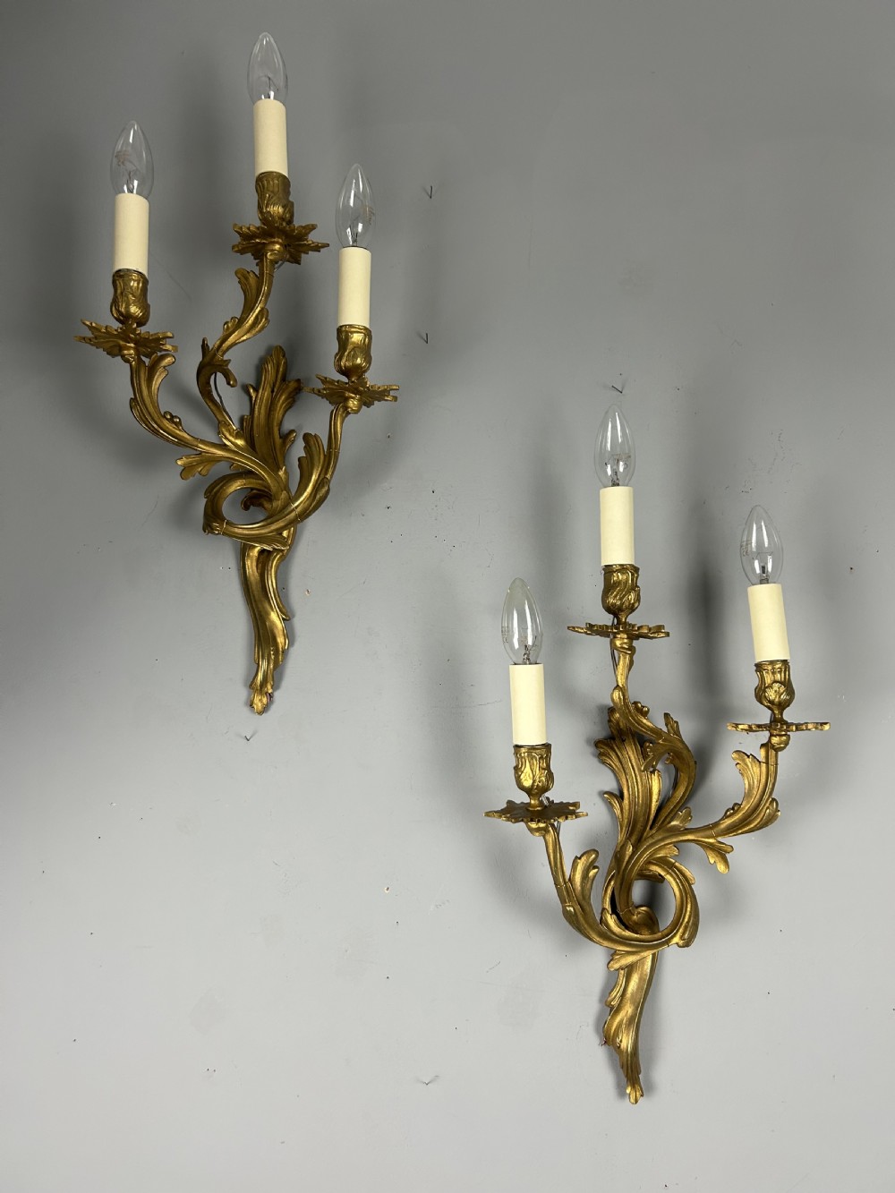 Pair of French Triple Arm Gilt Brass Wall Lights 