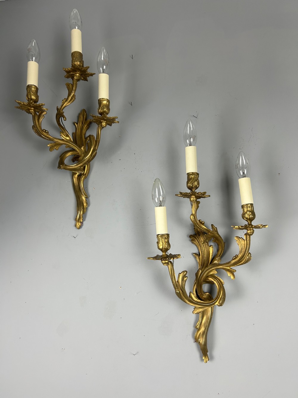 Pair of French Triple Arm Gilt Brass Wall Lights  View II