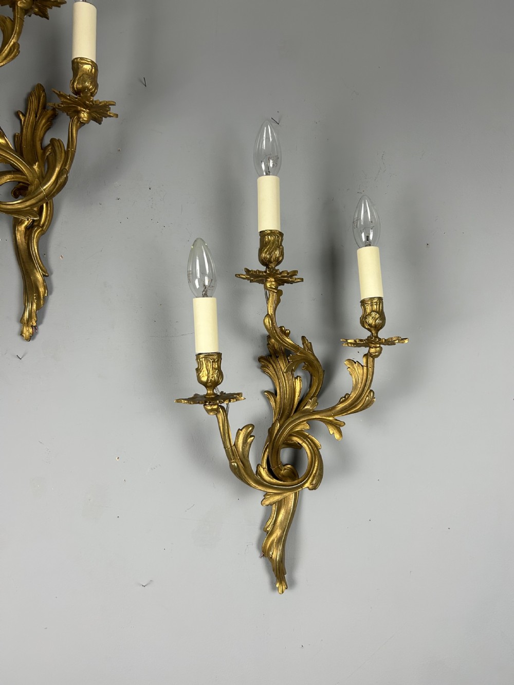 Pair of French Triple Arm Gilt Brass Wall Lights  View III