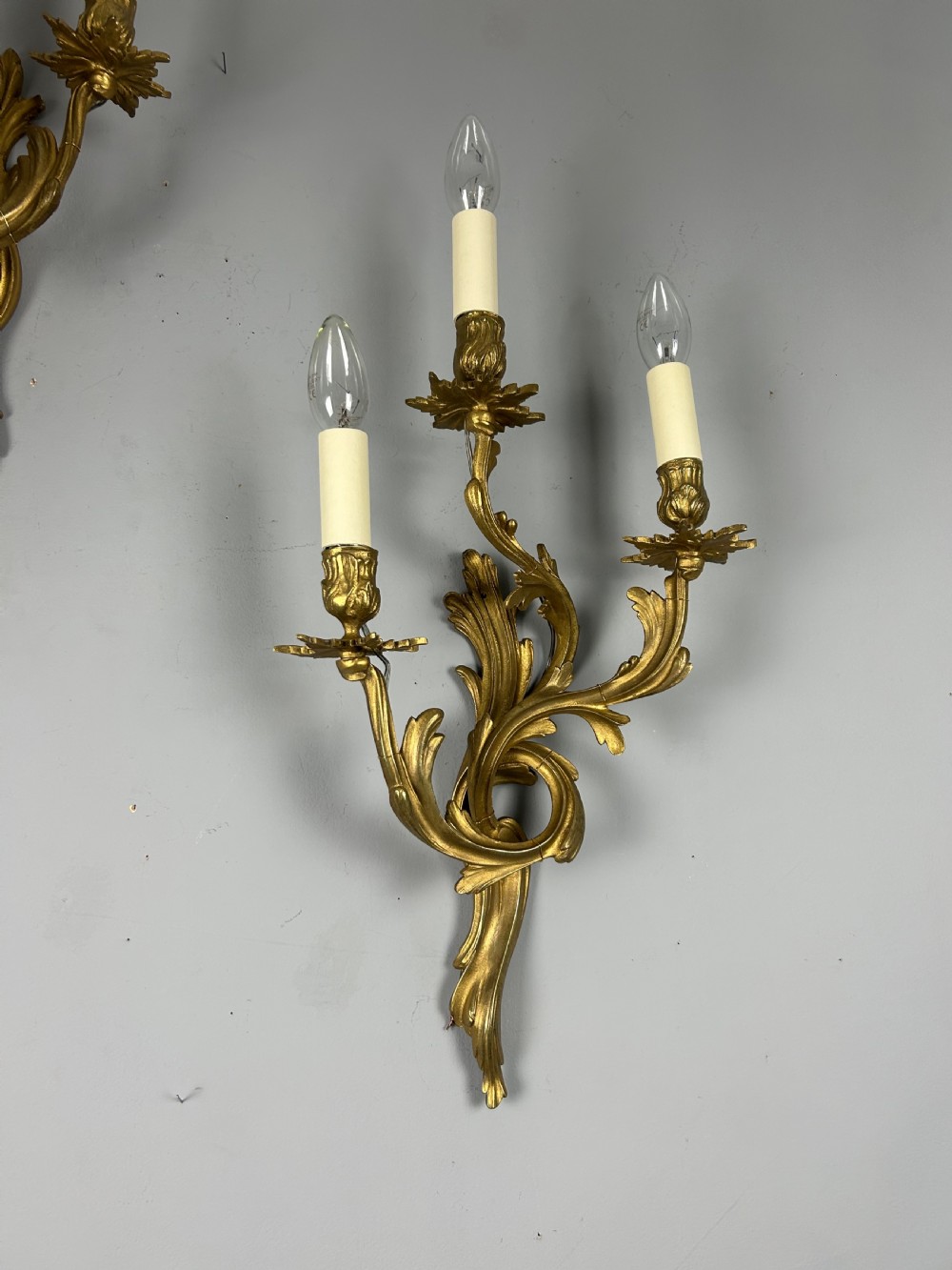 Pair of French Triple Arm Gilt Brass Wall Lights  View IV