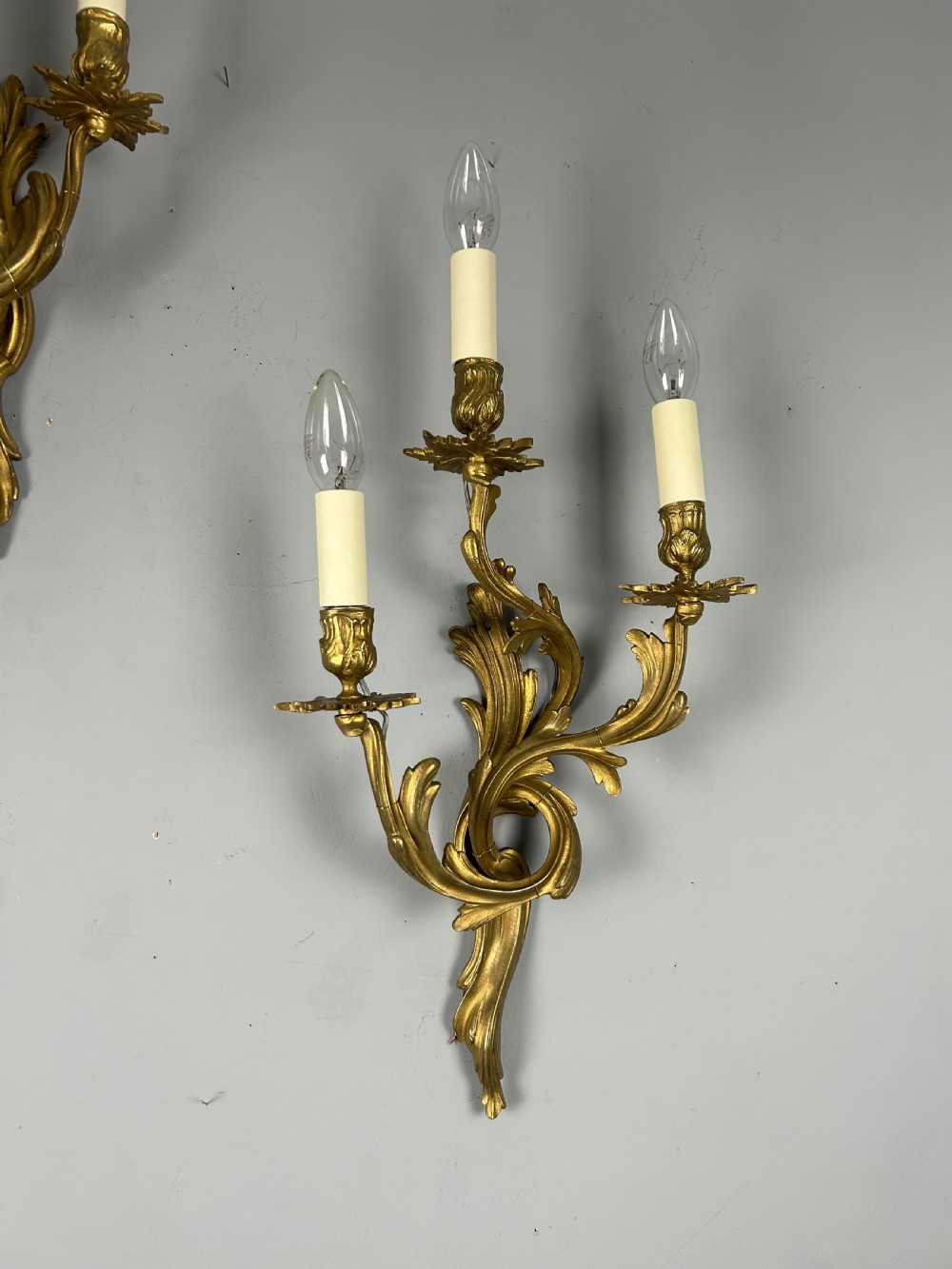 Pair of French Triple Arm Gilt Brass Wall Lights  View VIII