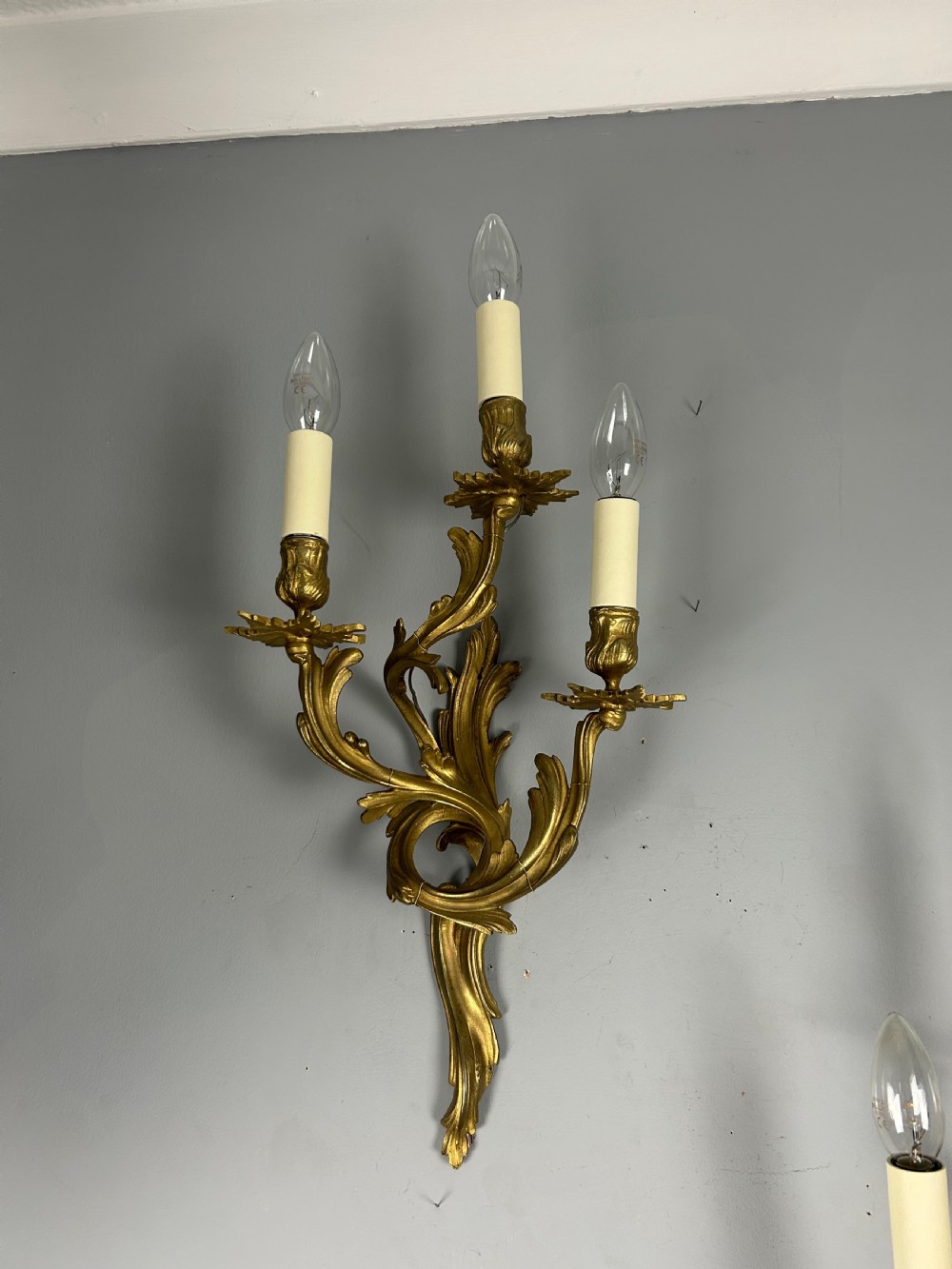 Pair of French Triple Arm Gilt Brass Wall Lights  View IX