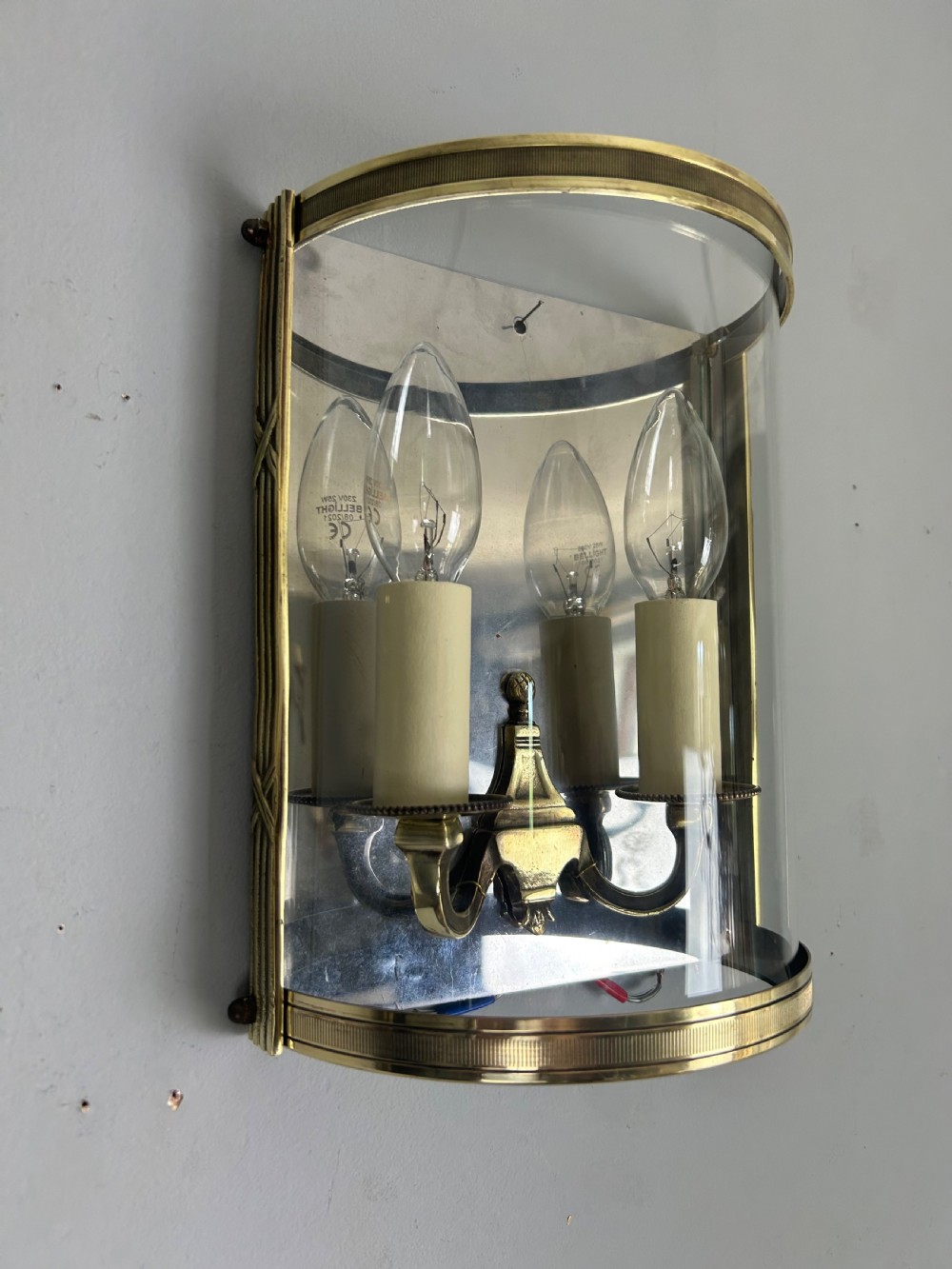 Single French Antique Polished Brass Convex Half Lantern Wall Light View IV