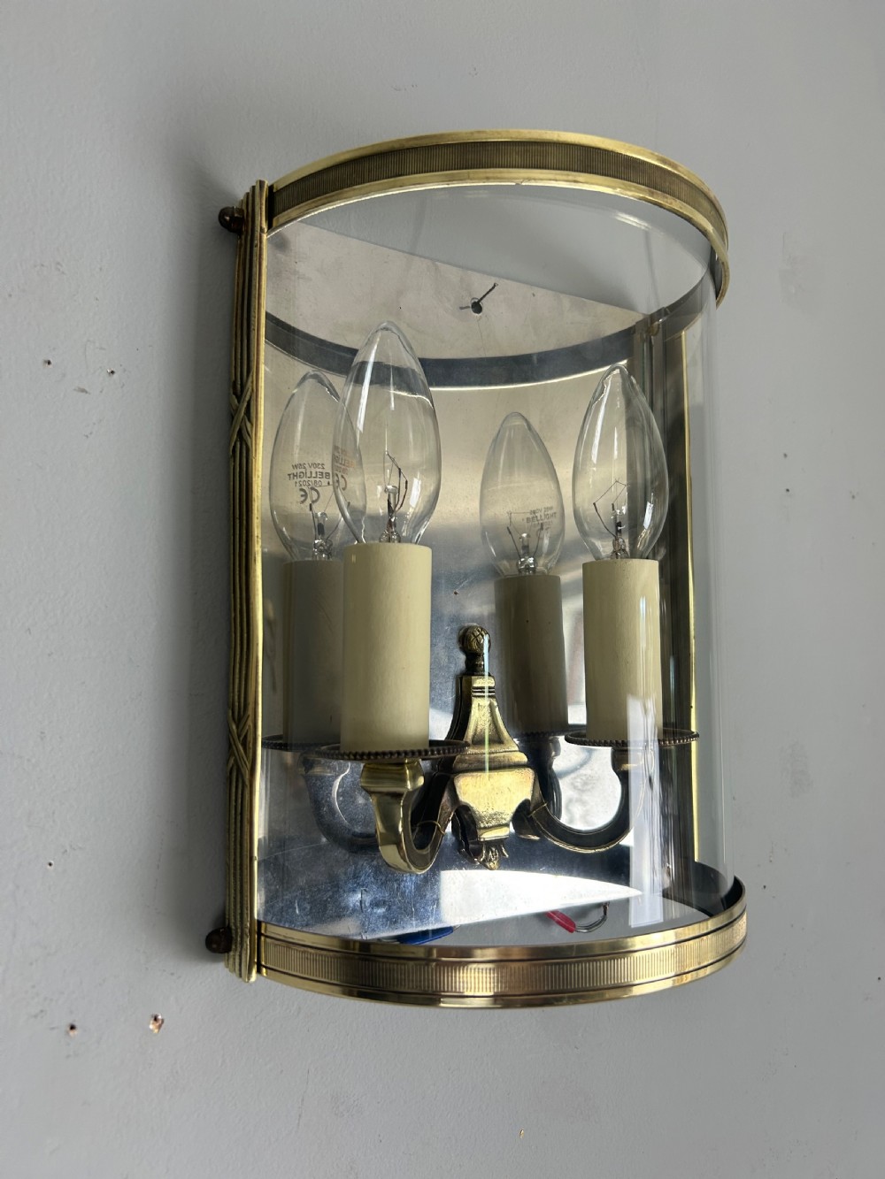 Single French Antique Polished Brass Convex Half Lantern Wall Light View V
