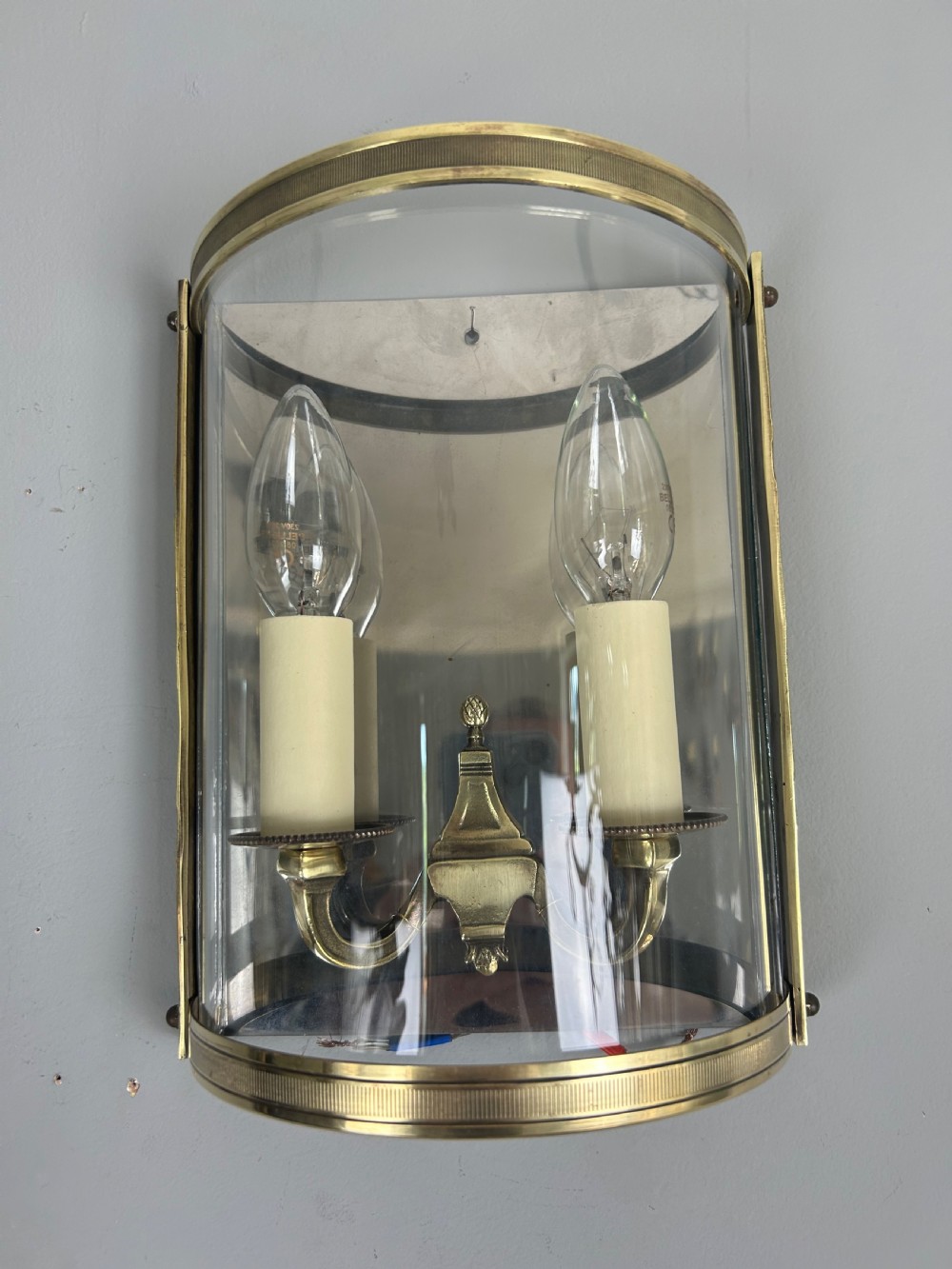 Single French Antique Polished Brass Convex Half Lantern Wall Light View VII