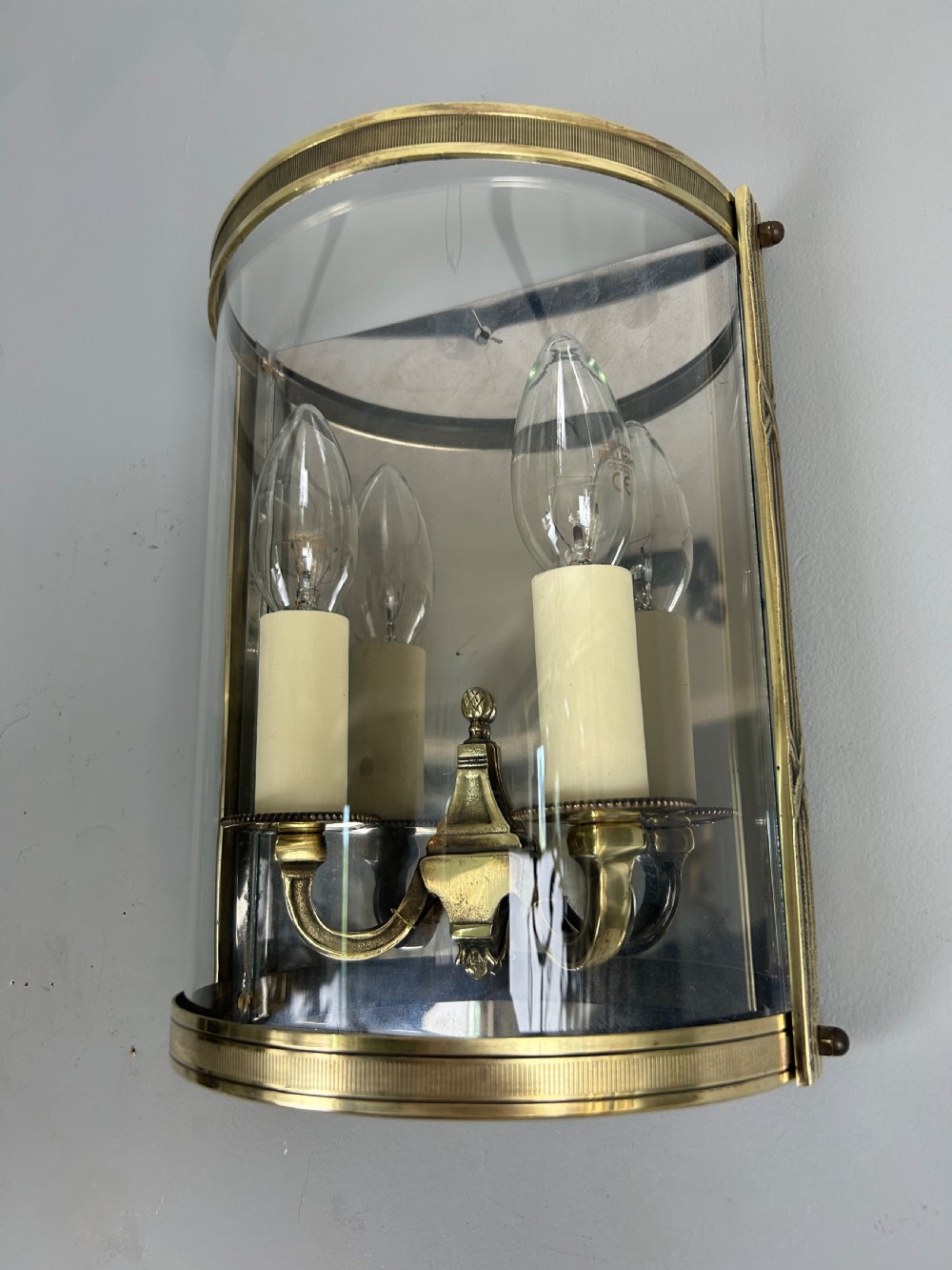 Single French Antique Polished Brass Convex Half Lantern Wall Light View VIII