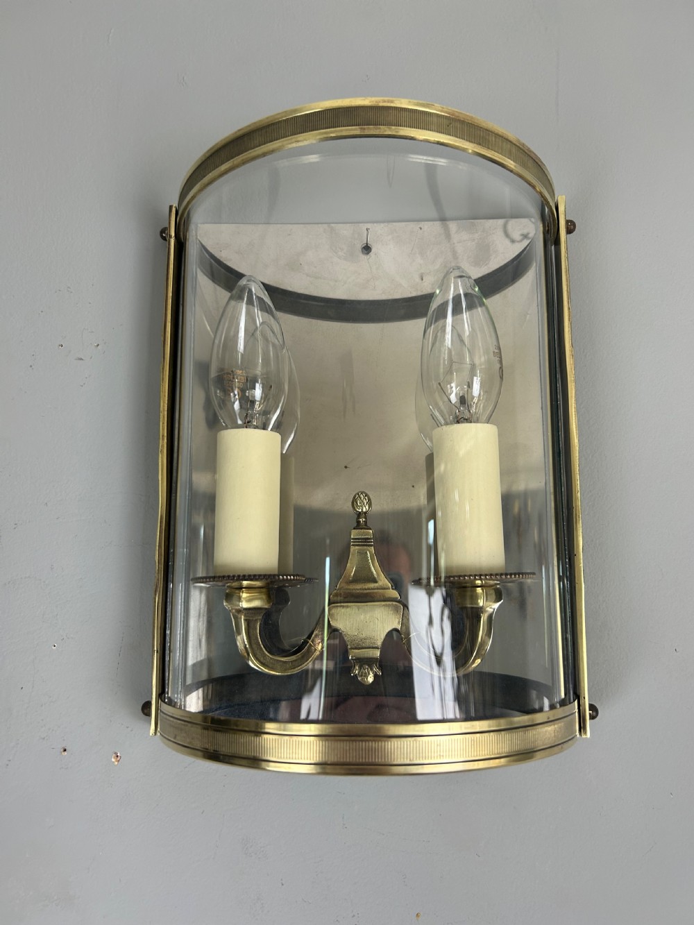 Single French Antique Polished Brass Convex Half Lantern Wall Light View XII