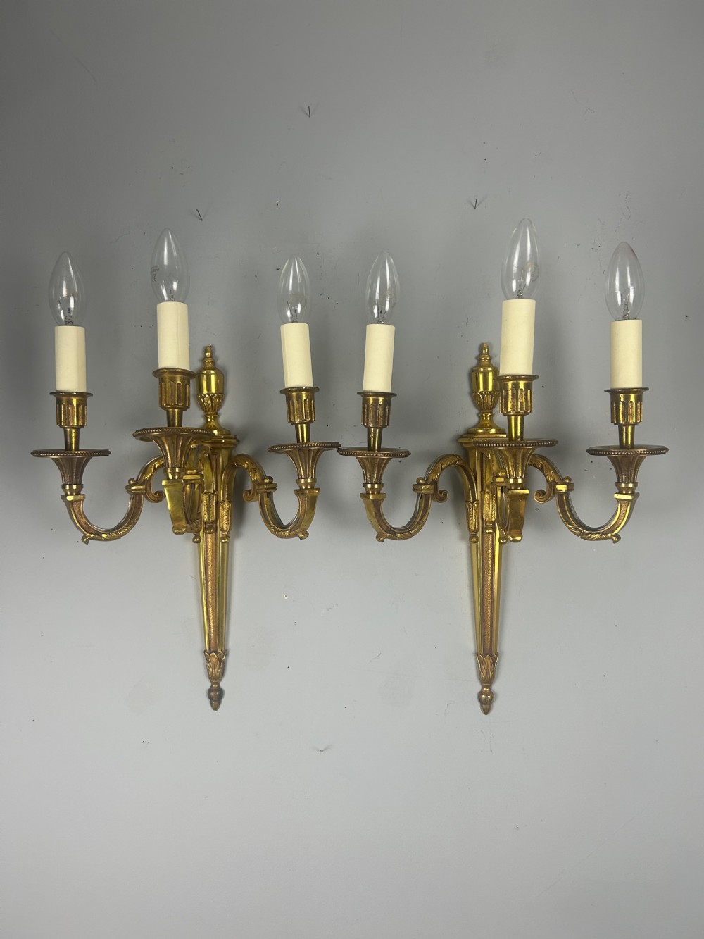Pair Of French Triple Arm Gilt Brass Antique Wall Lights