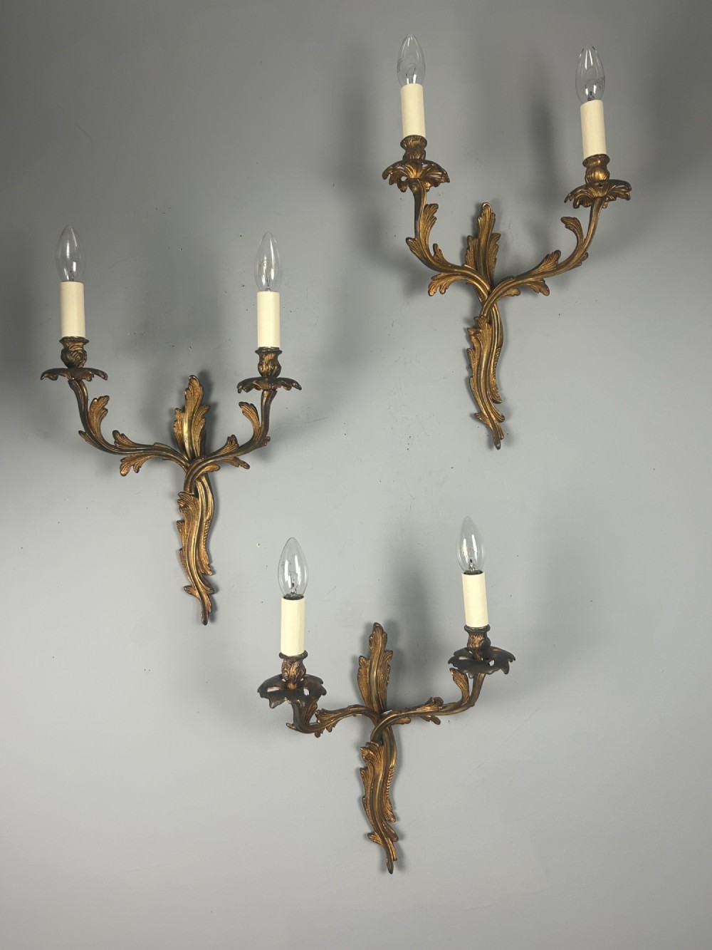 Set of 3 Aged Gilt Brass French Antique Wall Lights 