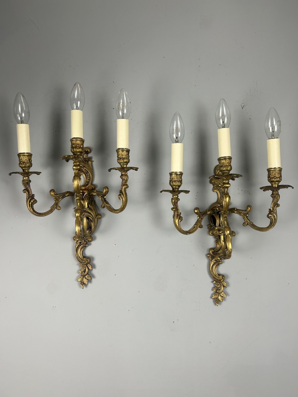 Pair Of French Triple Arm Gilt Brass Antique Wall Lights