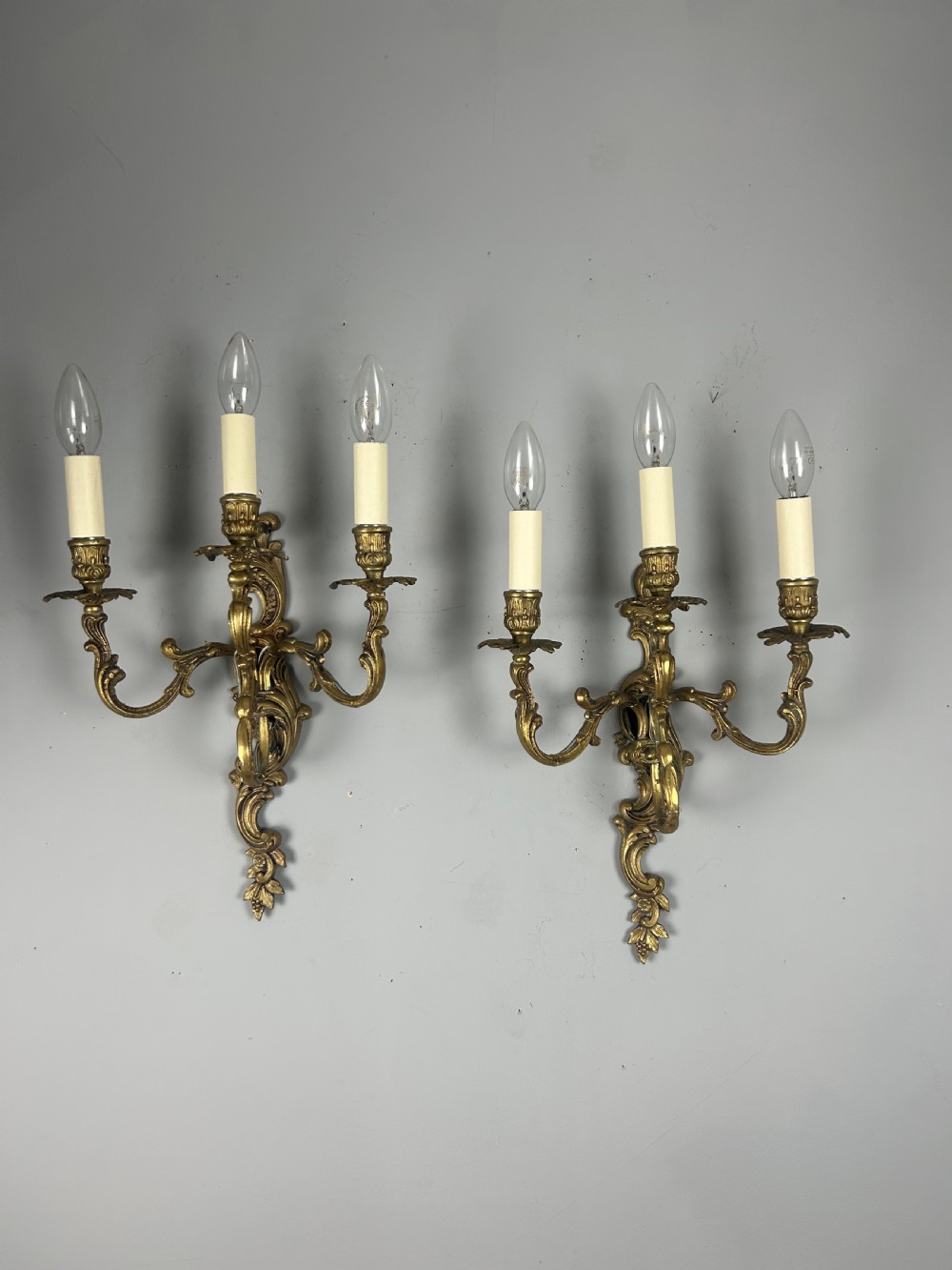 Pair Of French Triple Arm Gilt Brass Antique Wall Lights View II