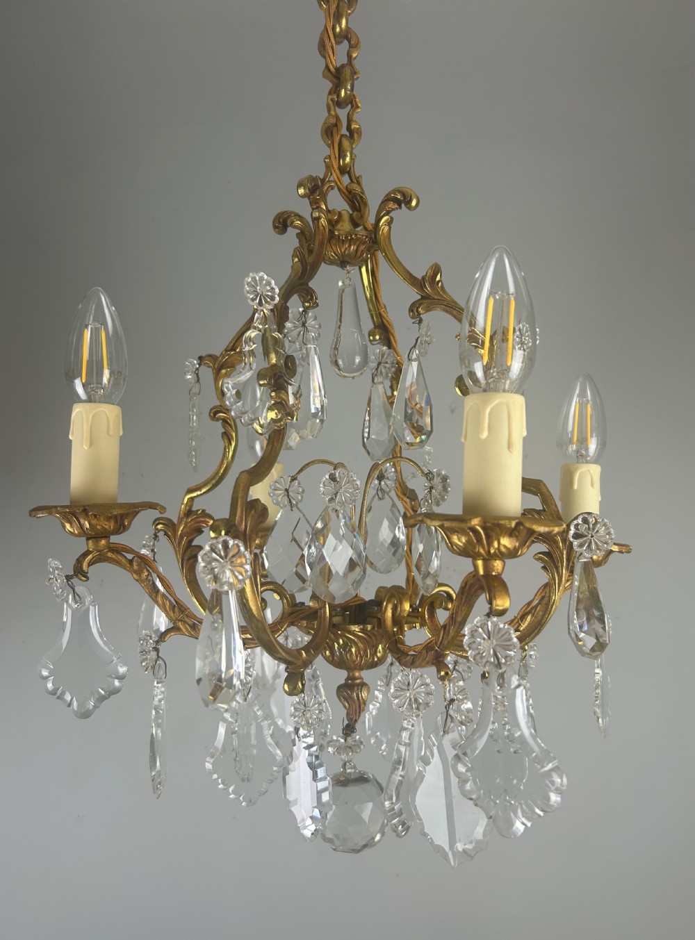 French Gilt Brass 4 Light Birdcage Chandelier