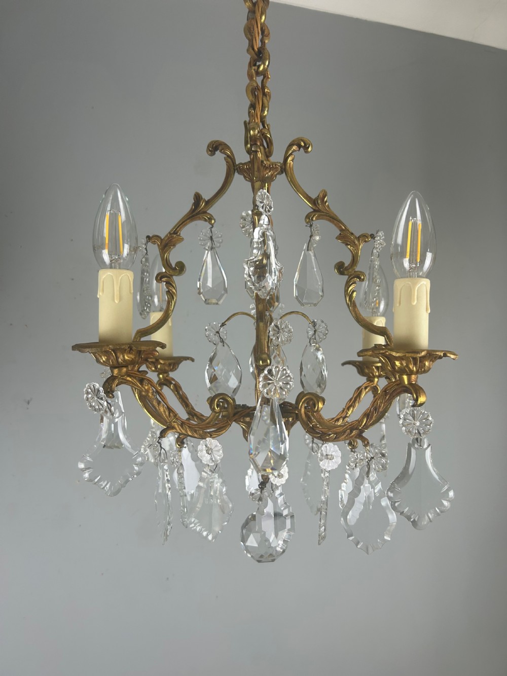 French Gilt Brass 4 Light Birdcage Chandelier View V